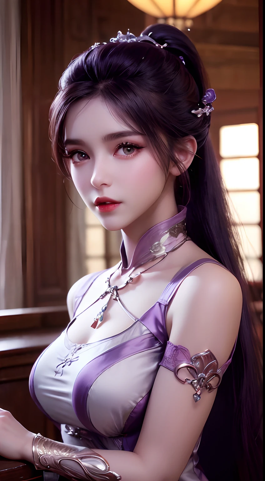 1 beautiful girl in Han costume, thin purple silk shirt with white color with many textures, white lace top, long platinum purple ponytail, Hair Jewelry, ear jewelry, necklace and necklace, meticulously drawn large purple eyes, meticulous makeup, Thin eyebrows, High Nose, lovely red lips, not smiling, pursed lips, rosy cheeks, wide breasts, Big breasts , well-proportioned bust, Slim waist, purple mesh socks, chinese hanfu style, fictitious art textures, vivid and realistic colors, RAW Photos, Realistic Photos, ultra high quality 8k surreal photos, (effective fantasy light effect: 1.8), 10x pixel, magical effect (Background): 1.8), ultradetailed eyes, girl body portrait, ancient hanfu background,