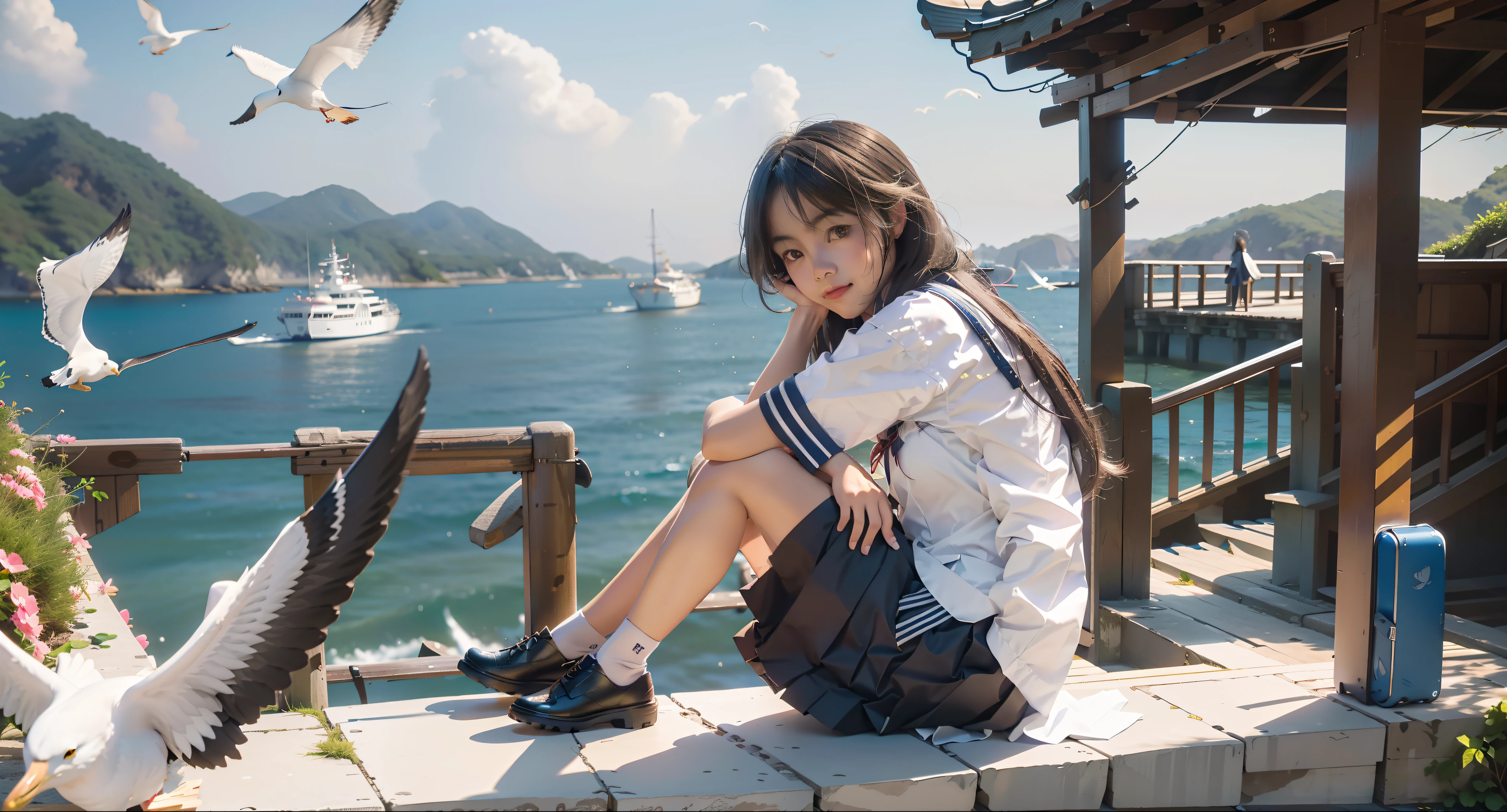 In a Japanese anime style,A schoolgirl sits on an embankment by the sea,Wear a student uniform,Long hair flutters in the wind,There are boats and seagulls in the distance,Blue sea