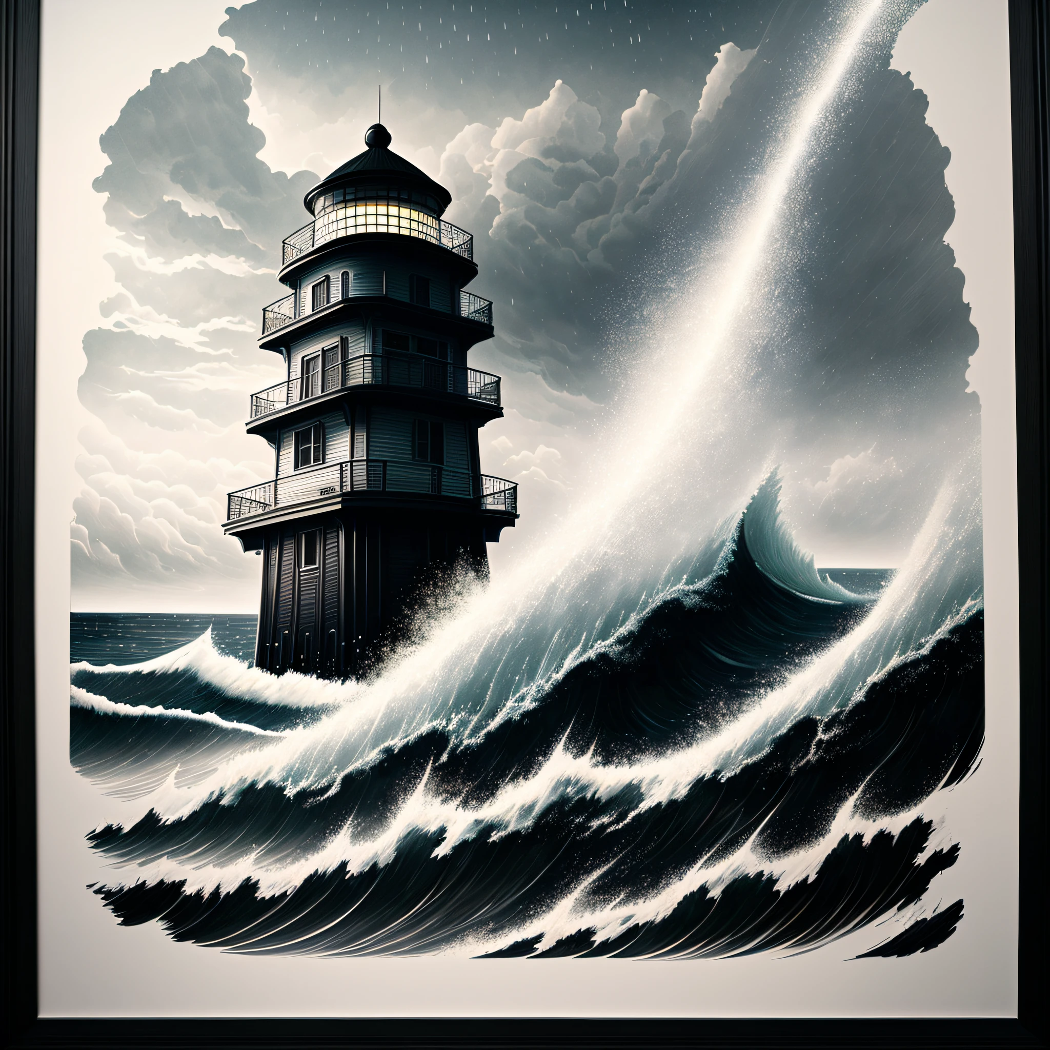 Blank page, page, , realisticlying, Around the page, Page borders,, Definition of hits, 32k resolution, Volumetriclighting, “best quality”, "Masterpiece"::5 High-quality photos::2 Lighthouse: A tall cylindrical structure, typically located on the coastline, emitting a strong beam of light to guide ships safely in and out of harbors. Coast: A section of the ocean's edge, which can be sandy beaches, rocks, or cliffs. Describe features like waves, tides, and the sea. Ethereal Black Clouds: Depict heavy black clouds in the sky in the artwork. They can be floating, covering most of the sky, and have an ethereal quality. Raindrops: Depict raindrops in the artwork, showing them in the process of falling. Black and White: Specify that you want the artwork to be primarily in black and white. You can include some shades of gray to add depth and detail. If you wish to emphasize certain elements, provide guidance on which parts should be pure black or white and where there can be gray gradients. --auto