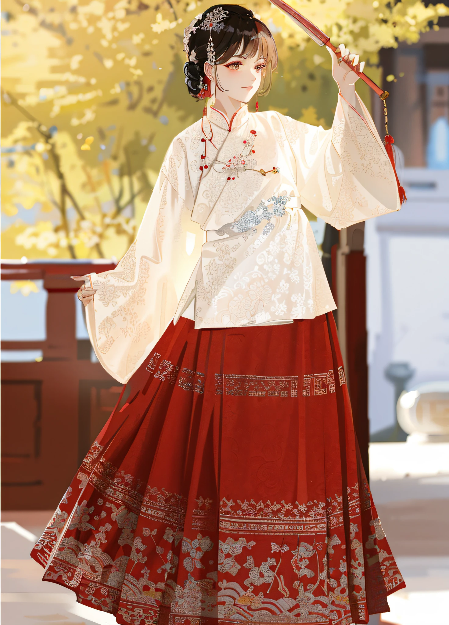 Woman in red and white dress holding a red umbrella，Hanfu，white hanfu，palaces，hanfugirl，Wear ancient Chinese clothing，Traditional Chinese clothing，wearing ancient Chinese costume，Chinese traditional，Dressed in gorgeous silk clothing，Chinese outfit，Royal elegant clothing，Chinese style，ancient asian dynasty princess