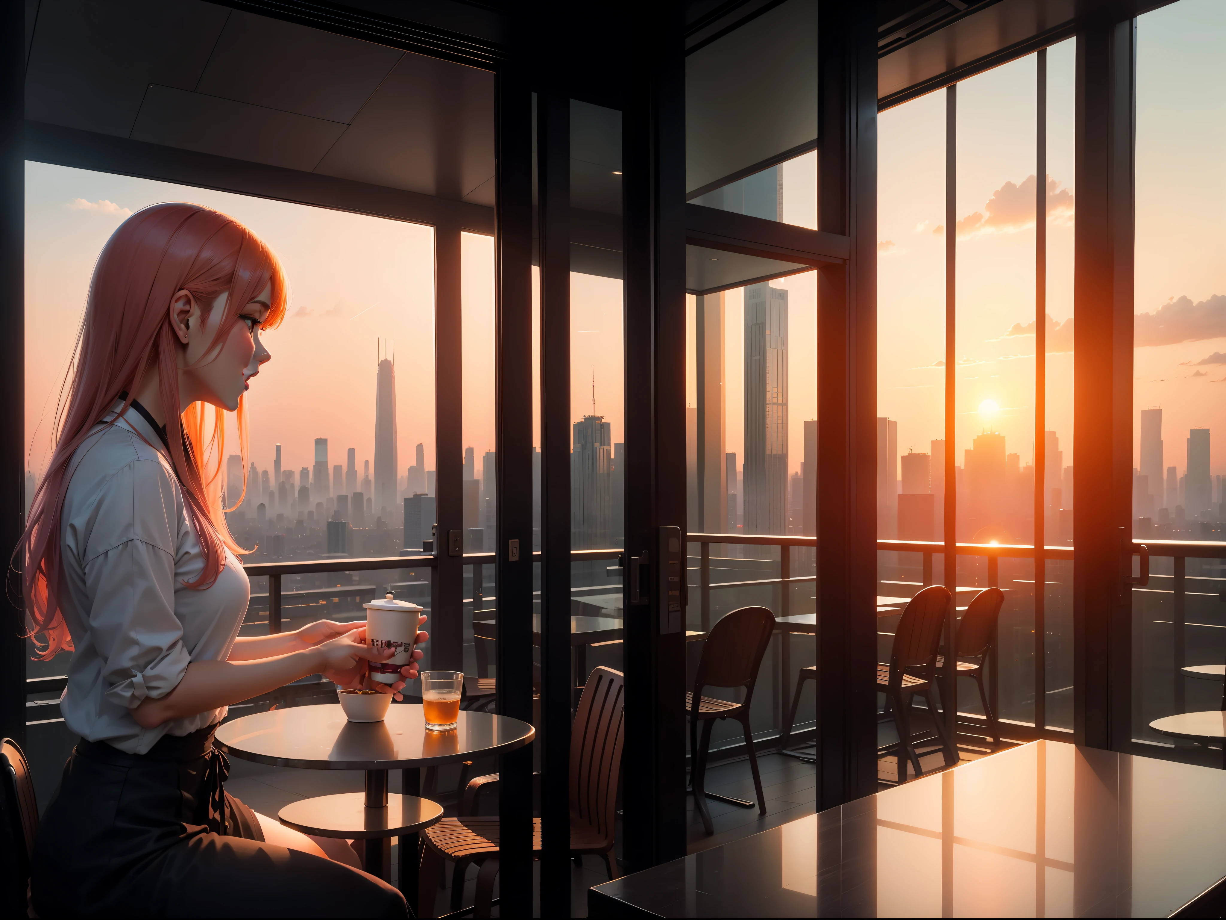 at the sunset, 城市, Skyscrapers, a person々Flow of, Building windows, Warm light, Walkway, a person々, cafe terrace, Friends, Laughing, Skysky, an orange, pink there, tints, Urban hustle and bustle, Beautiful sunset, harmony