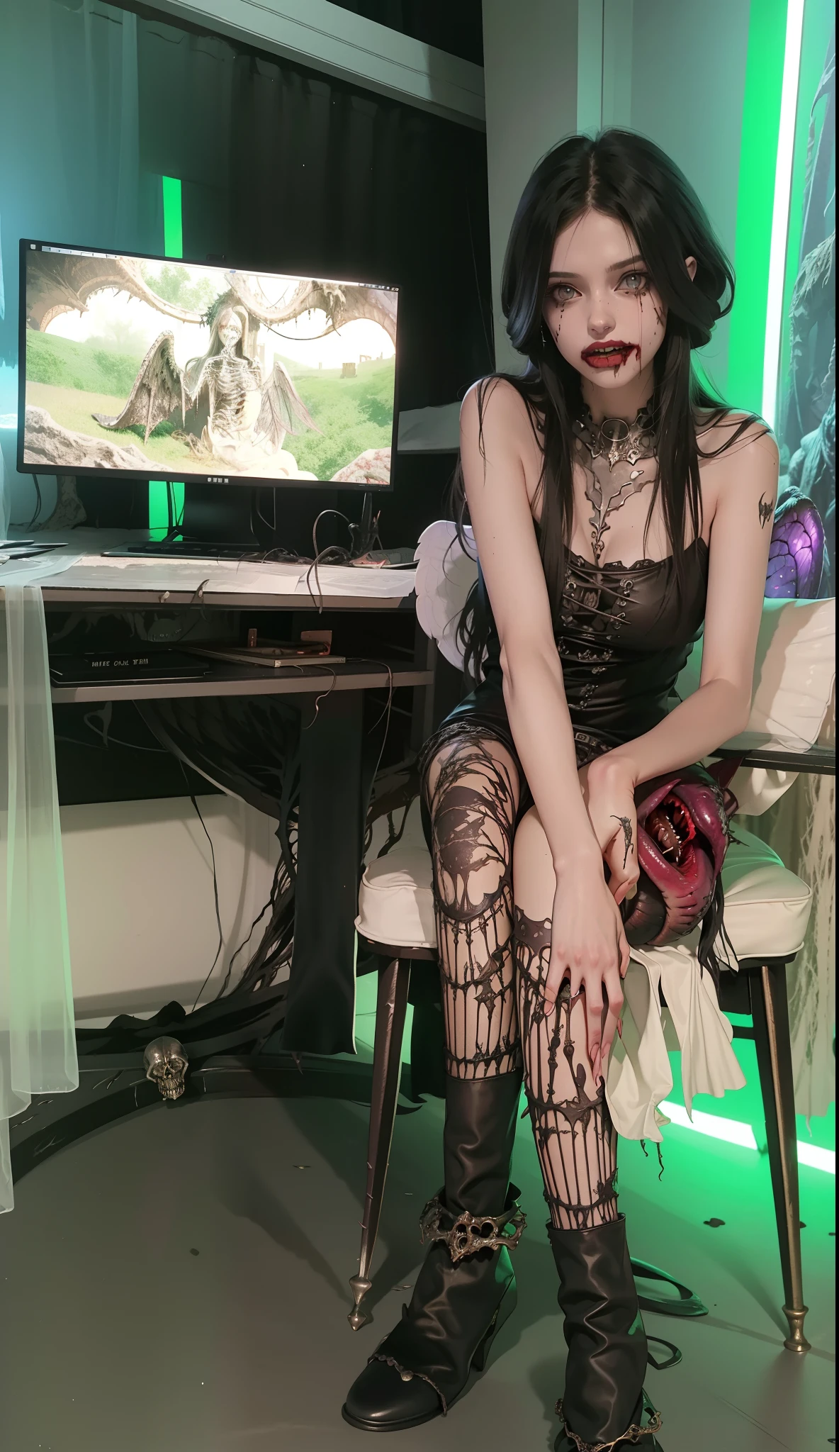 Fine matte painting, skeleton dark angel big wings haunted castle on drawing table full of knives, horror, spookiness, scary, secret horror, tentacles, vines, eyes, uncanny valley effect teeth, limbs, animals, blood moon，hight contrast，Glitter clothes
