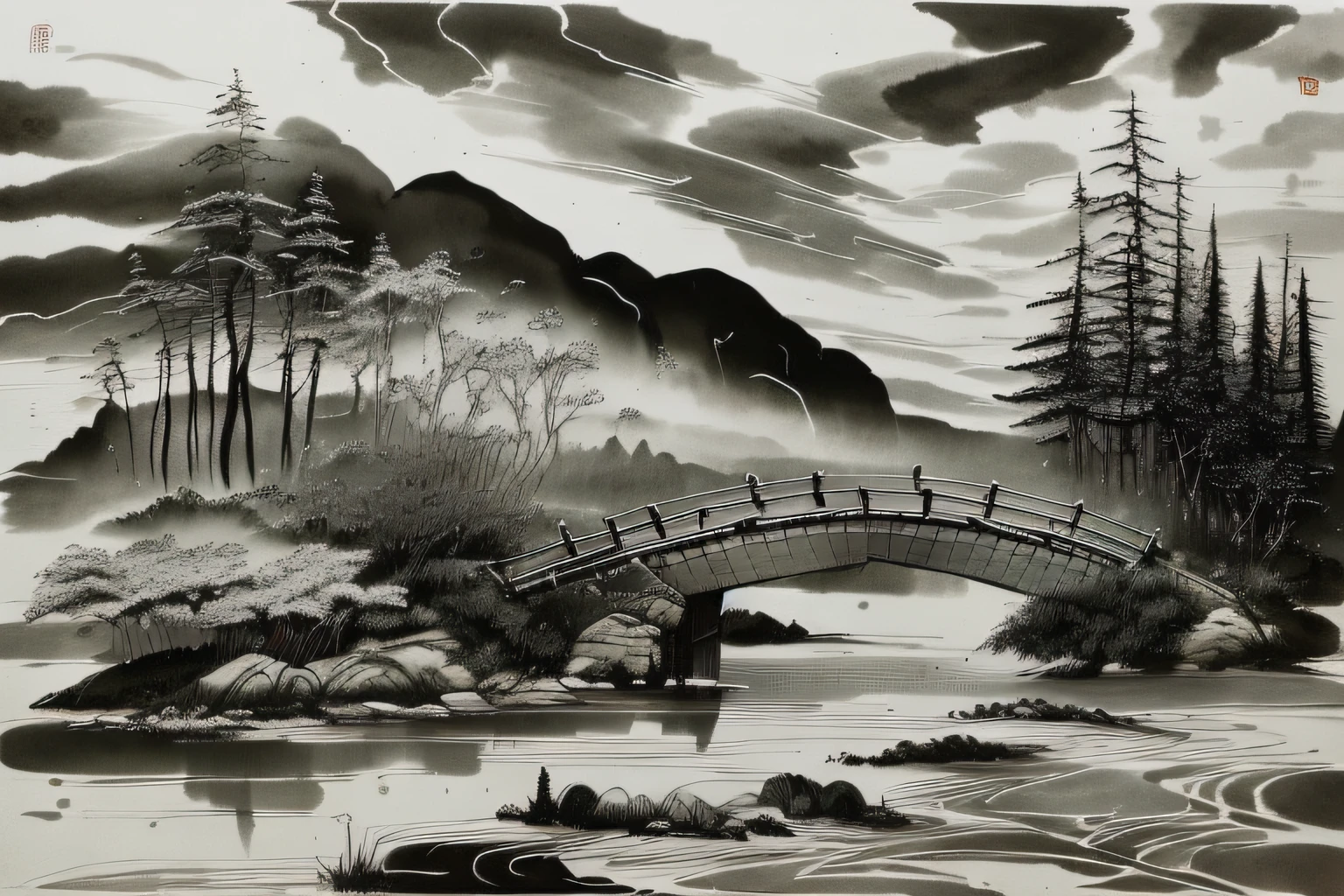 tmasterpiece,Need,ink and watercolor painting,Grayscale,Chinese martial arts style,The firmament stretches,sheer cliffs,Ink wind,Contour light,((Atmospheric atmosphere)),depth of fields,The fog rises,gazebo,pines, stone pavilions, waterfallr,Winters, water ink, [black andwhite],