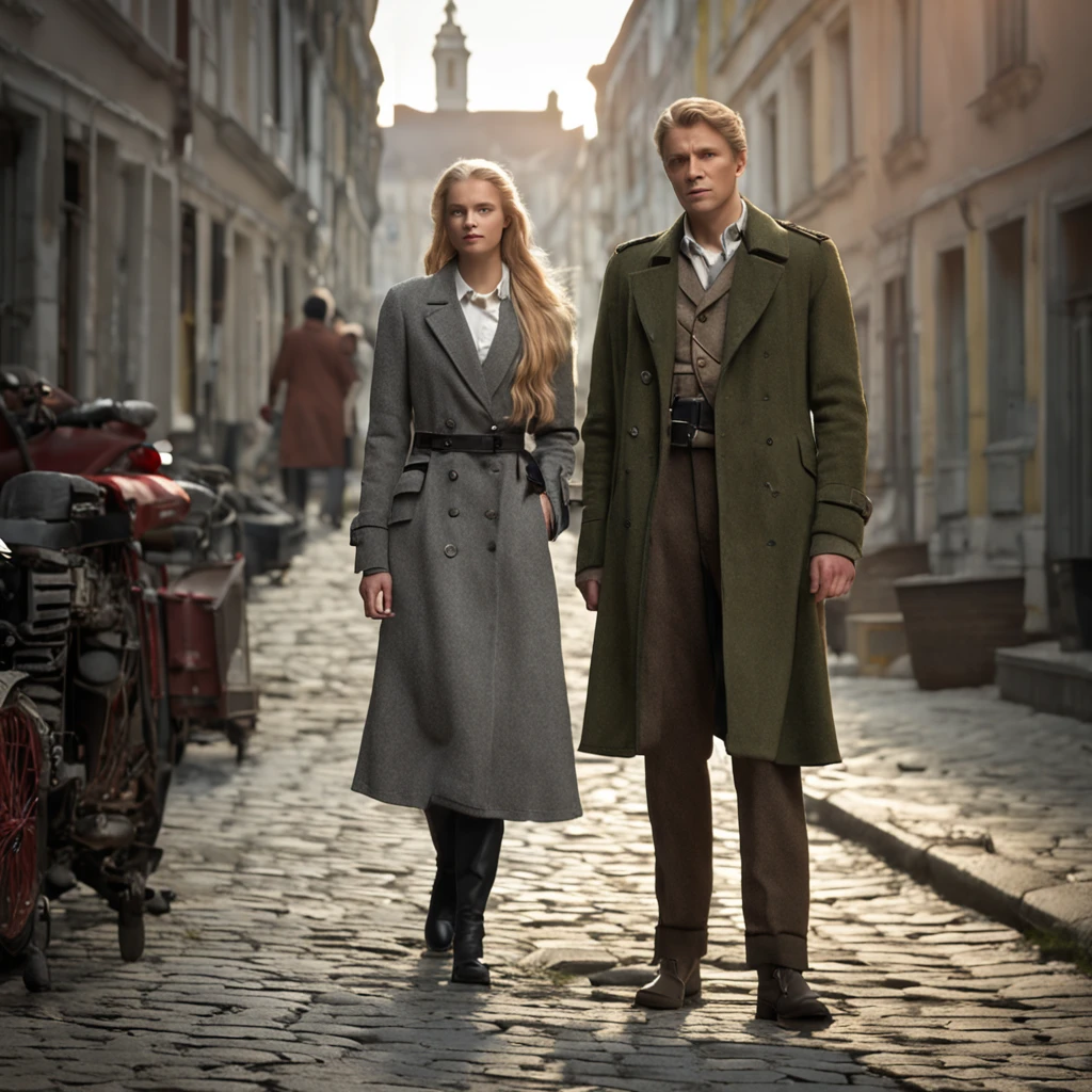 Lonely young girl, Tall stature, little chest, Slavic appearance: Green eyes; blond hair; sharp facial features; Straight nose; pronounced high cheekbones, stands upright, military uniform: gray double-breasted overcoat; gray pants, full length, max detail, Masterpiece quality, black leather gloves, in the middle of the street, Background: A street with a stone cobbled road with European stone houses of the first half of the 20th century, High quality shadows, High quality of light, High quality clothing.