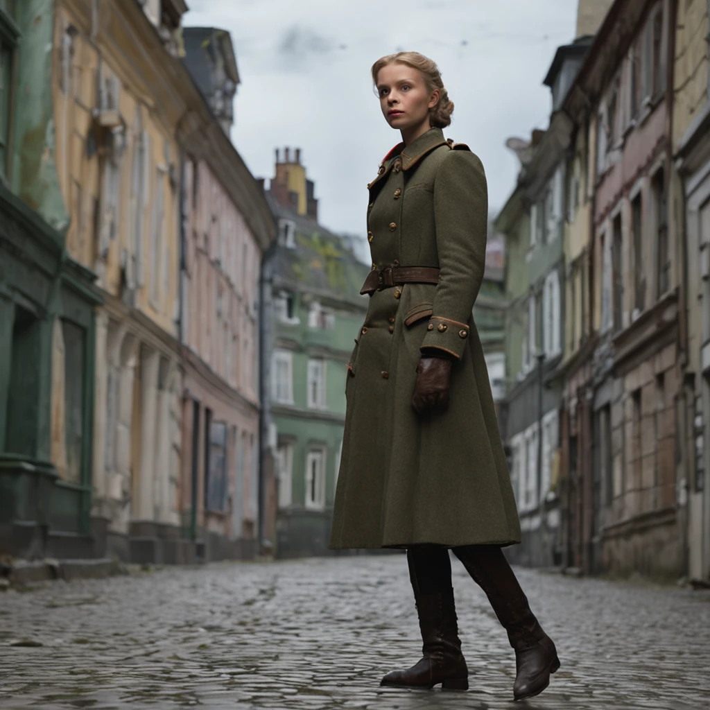 Lonely young girl, Tall stature, little chest, Slavic appearance: Green eyes; blond hair; sharp facial features; Straight nose; pronounced high cheekbones, stands upright, military uniform: gray double-breasted overcoat; gray pants, full length, max detail, Masterpiece quality, black leather gloves, in the middle of the street, Background: A street with a stone cobbled road with European stone houses of the first half of the 20th century, High quality shadows, High quality of light, High quality clothing.