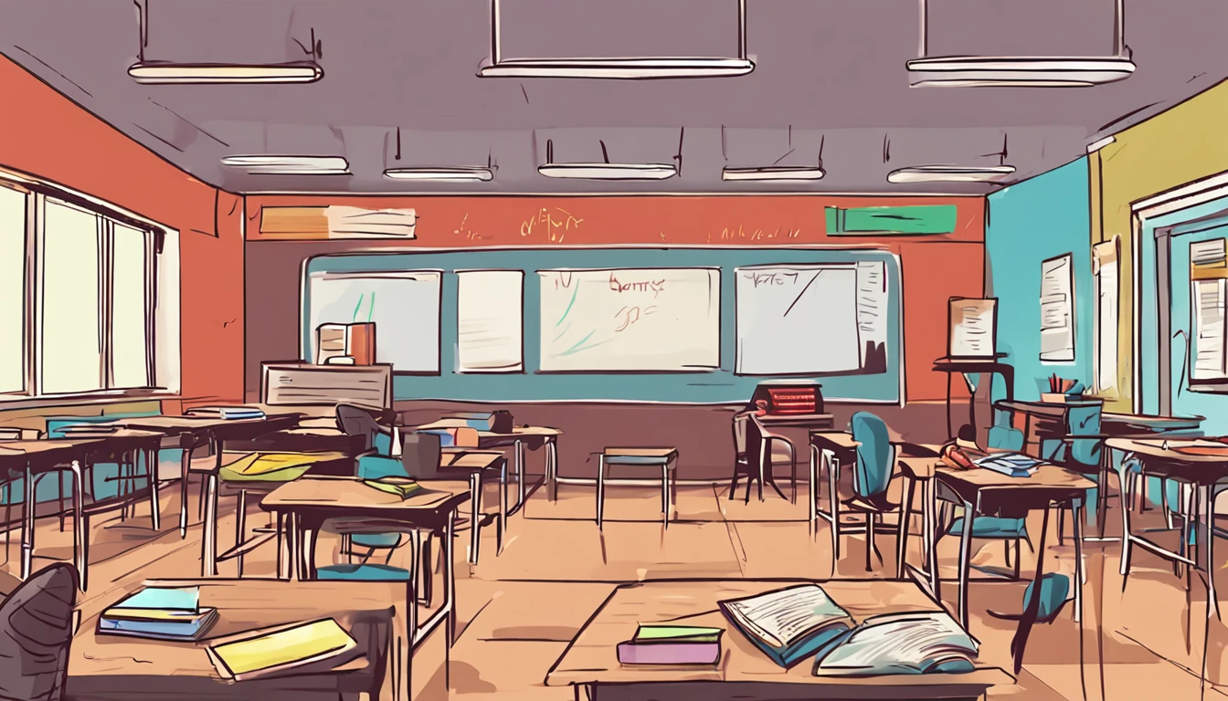 Dimly lit classrooms,inside in room,Fresh painting style
