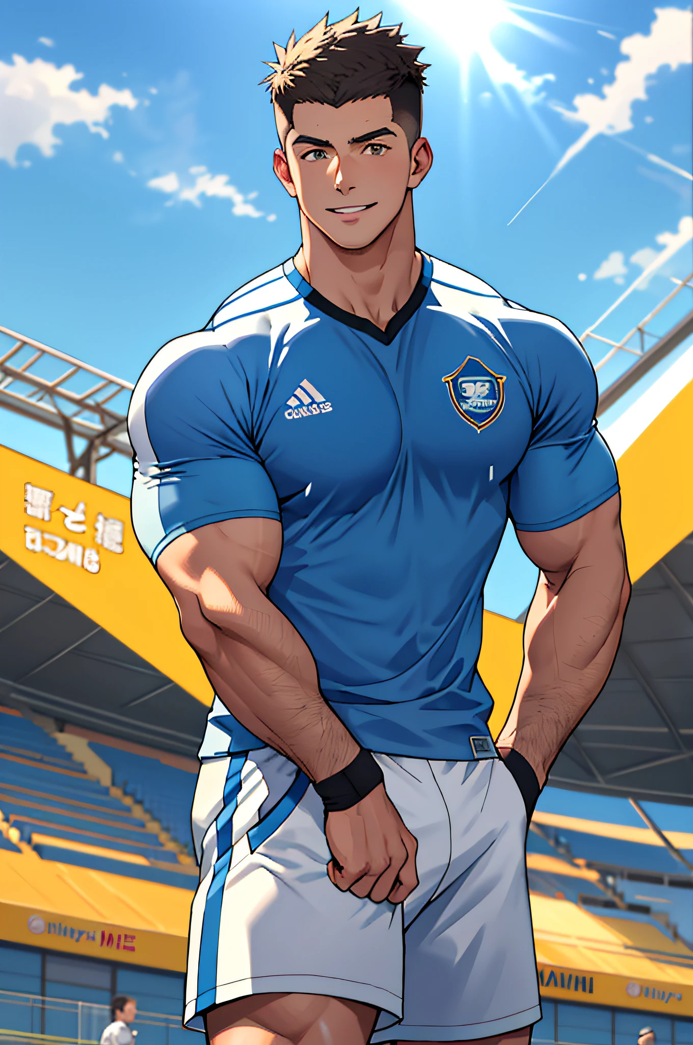 Draw a full-fledged athlete,Stand on the central field of the gym,He wears high-end sportswear,The man looks confident and determined,rays of sunshine,cheerful big breasts,Handsome,Crew cut,full bodyesbian,shooting from below,