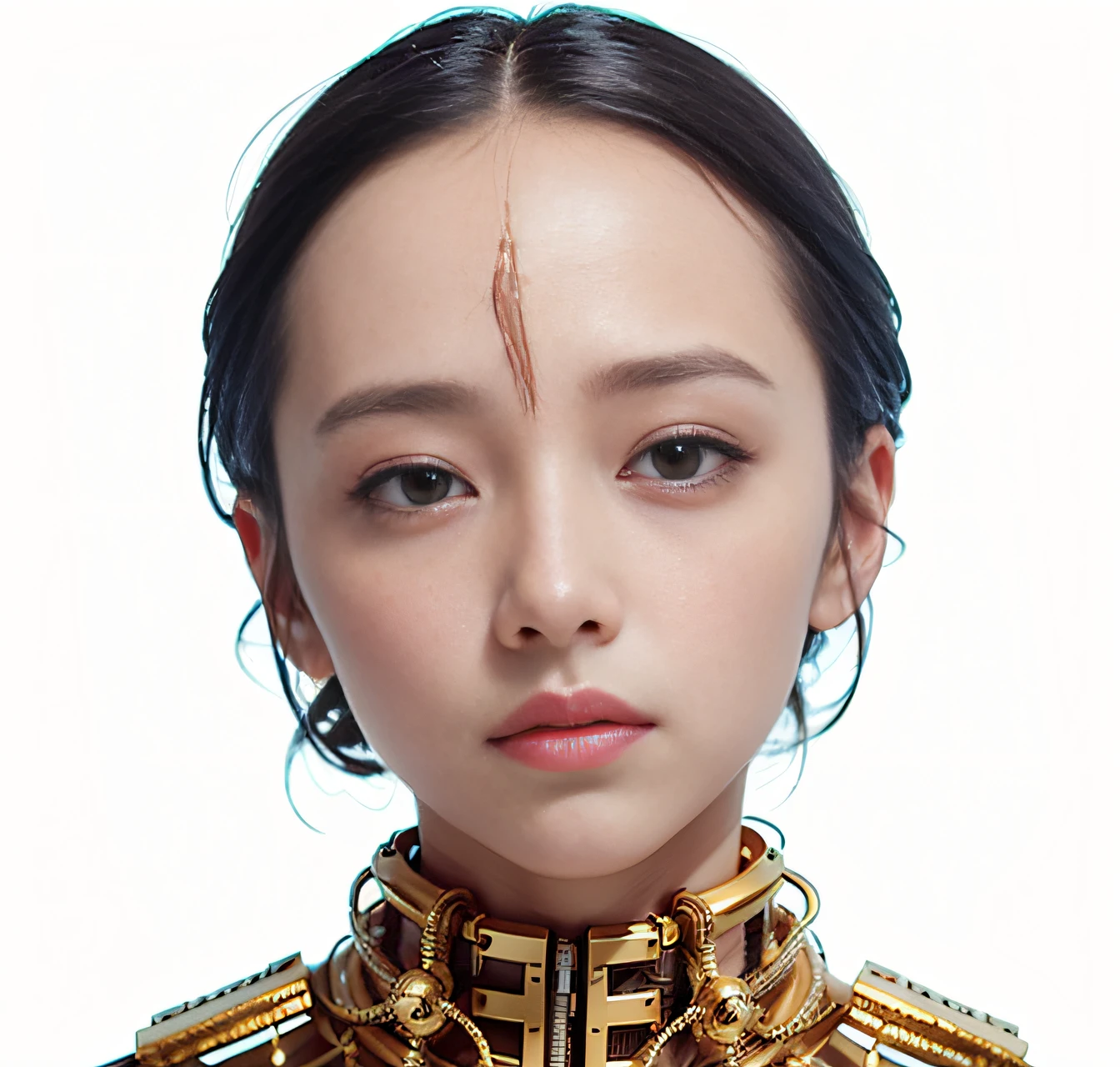 top-quality、masterpiece、超A high resolution、(Photorealsitic:1.4)、Raw photo、masculine face、Black hair、glowy skin、Electromechanical、((super realistic details))、portlate、globalillumination、Shadow、octan render、8K、ultrasharp、Raw skin is exposed in cleavage、metals、Details of complex ornaments、Japan details、highly intricate detail、Realistic light、CGSoation Trends、a purple eye、radiant eyes、Facing the camera、neon details、Mechanical limbs、blood vessels connected to tubes、Mechanical vertebrae attached to the back、mechanical cervical attaching to neck、sitting on、Wires and cables connecting to the head、Gundam、Small LED lamp、