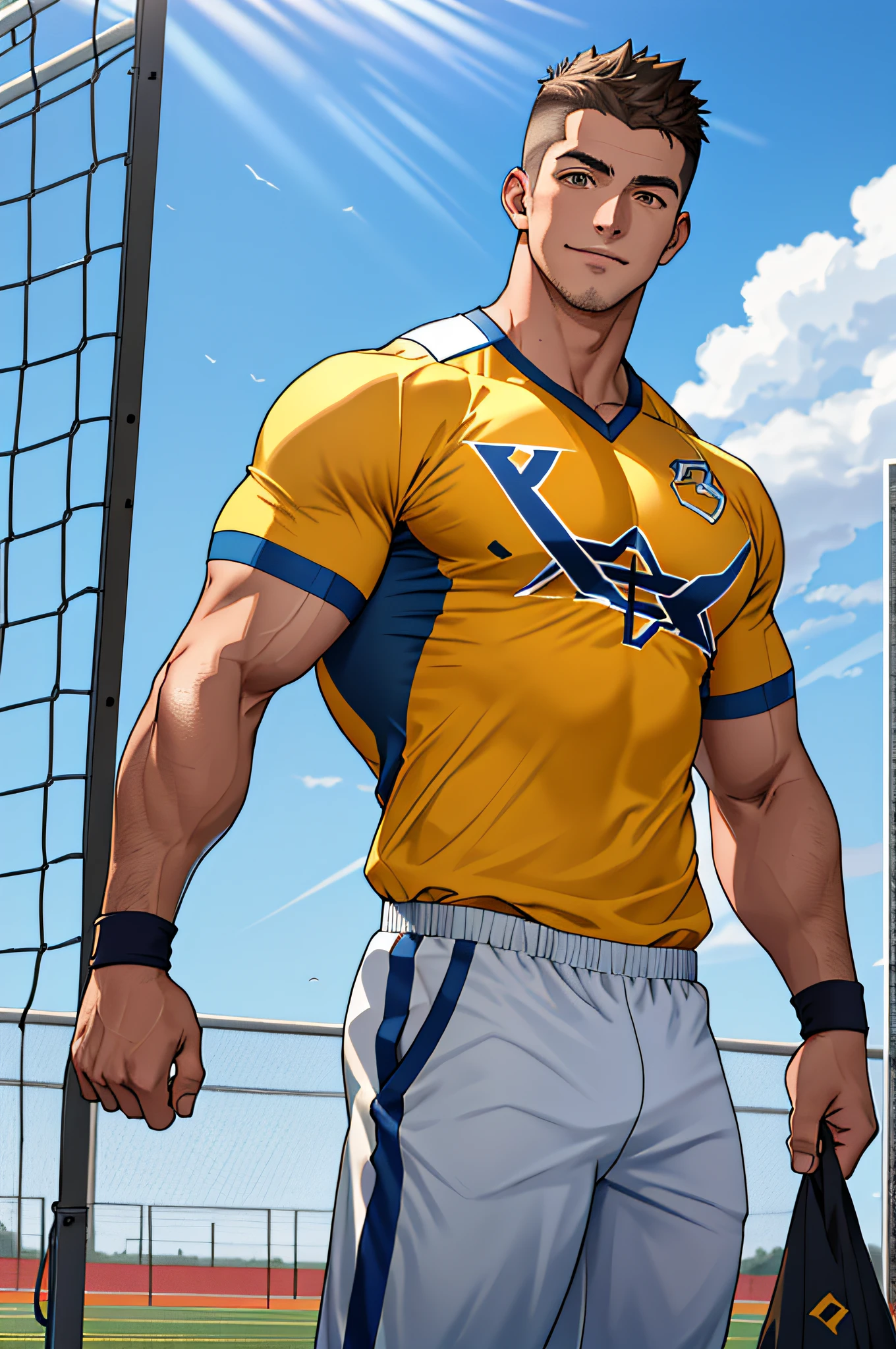 Draw a full-fledged athlete,Stand on the central field of the gym,He wears high-end sportswear,The man looks confident and determined,rays of sunshine,cheerful big breasts,Handsome,Crew cut,full bodyesbian,shooting from below,