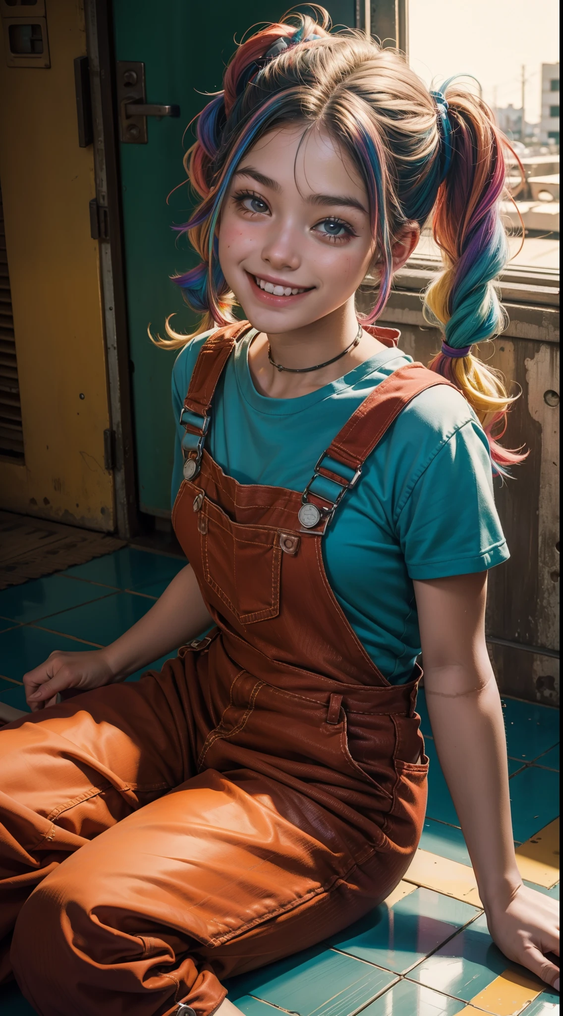 Retrato de uma garota de 18 anos,Hair Pigtails Color Rainbow Colored, wearing red overalls, sitting on the floor,on his back looking at the camera and smiling, corpo suado e molhado,fundo cidade a noite neon