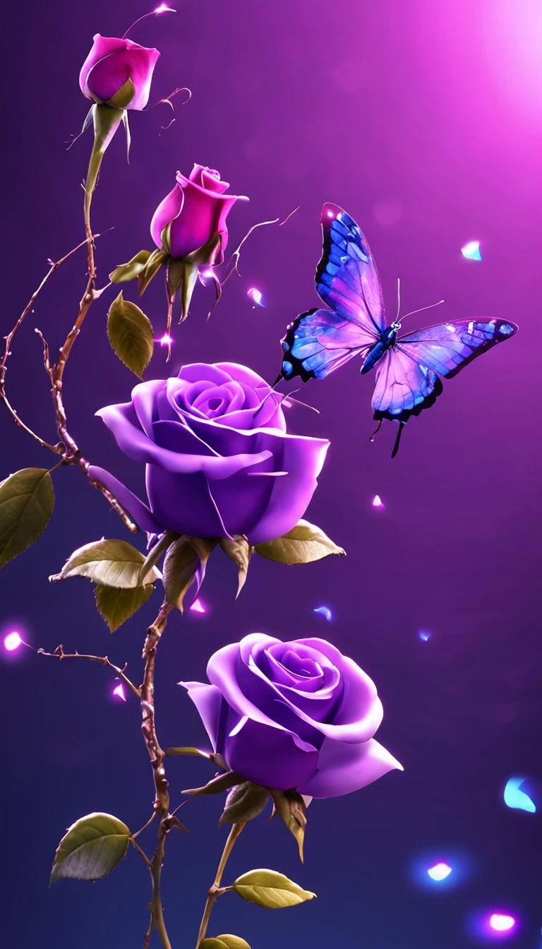 purple roses and butterflies with hearts and sparkles on a blue background, a picture by Tom Wänerstrand, trending on cg society, romanticism, flowers and butterflies, glowing butterflies, beautiful wallpaper, beatiful backgrounds, aesthetic cute with flutter, butterfly, pink petals fly, hd wallpaper, harmony of butterfly, wallpaper mobile, wallpaper hd, beautiful hd, beautiful digital art