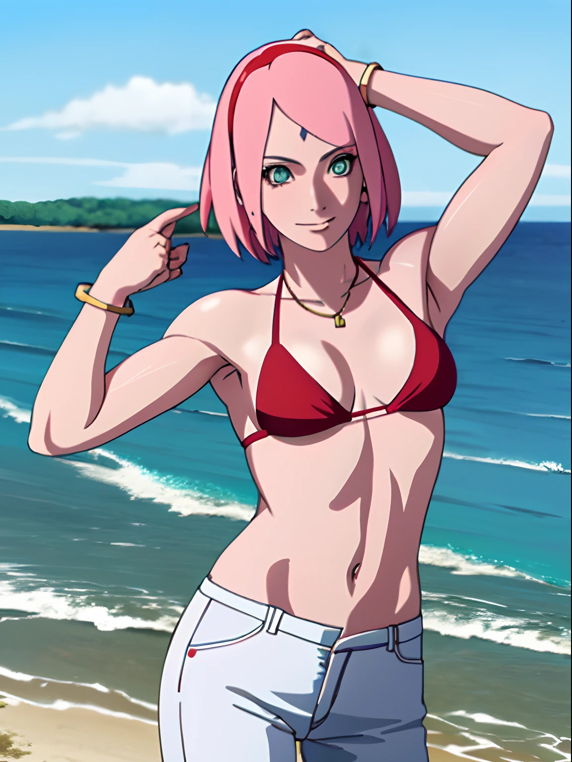 masterpiece, 4k, ultra hires, portrait, anime style, high brightness, best quality, 1girl, flexing arm muscles, haruno sakura, cowboy shot, professional artwork, detailed beach background, intricate details, colorful, digital blending, (ultra detailed body, ultra detail hair, ultra detail face), trending on pixiv,
hot smile, (forehead mark, milf, red hairband, pale skin, small breasts, short hair, ((red bikini, micro bikini top, bikini top only), (gold necklace), white pants), (navel, belly button, bracelet, pink hair, open eyes, big eyes), smile, beach, wind, floating hair, detailed arms, off-shoulders, broad shoulders, slightly muscular arms, (dirty armpits, armpit pocket), standing)