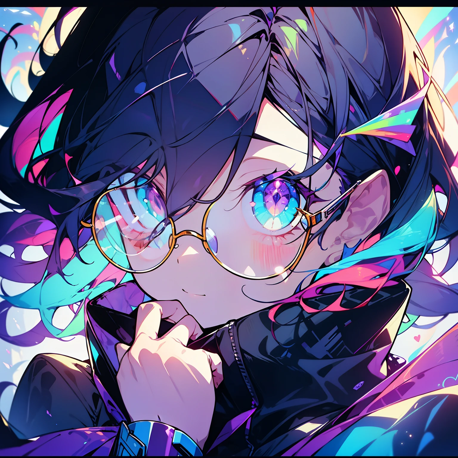 ORIGINAL CHARACTER, ABSTRACT, COLORFUL, 1GIRL, SOLO, GLASSES, CYBERPUNK, MASTERPIECE,best quality, extremely detailed face, perfect lighting, nice hands, perfect hands, DETAILED EYES, SUPER DETAILED EYES, COLORFUL EYES, BANDAGE IN NOSE, VERY COLORFUL EYES, ELF EARS, JELLYFISH HAIR, FACE ZOOM, FACE FOCUS, GALAXY, VERY ABSTRACT, OCEAN, GALAXY OCEAN, POTRAIT, VERY LONG EYELASHES, COLORFUL EYELASHES, LOOKING TO THE SIDE, SIDE VIEW, 5 FINGERS, SHORT HAIR, PURPLE GLASSES, HEART SHAPED GLASSES, ADORABLE, PURPLE LENS GLASSES, PERFECT HANDS