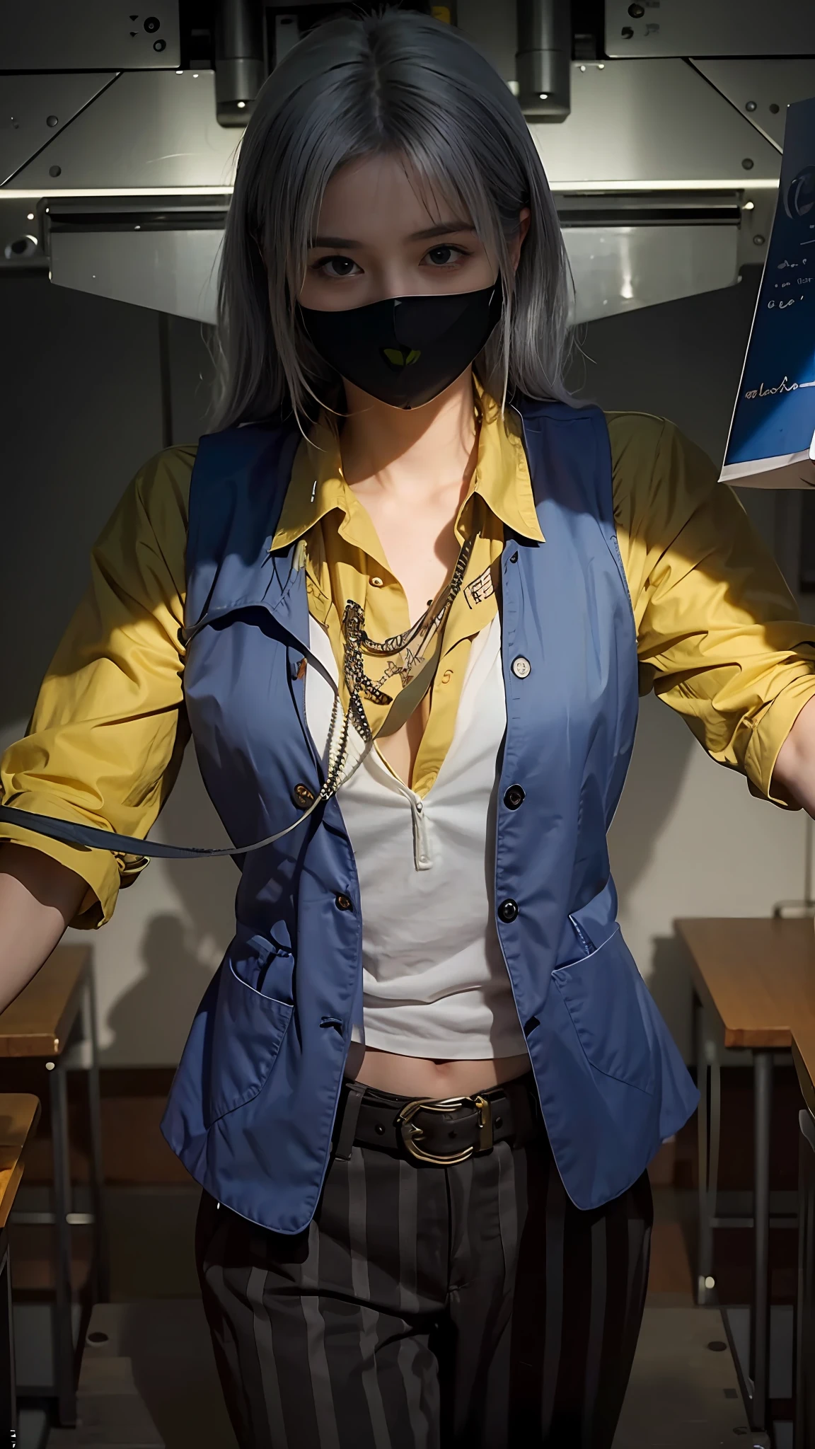 (8k, best quality, masterpiece:1.2), (realistic, photo-realistic:1.37), ultra-detailed, A detailed portrait of 1 girl 18 year old, cute girl, british girl, lecturer uniform, wearing a black mask, pale skin, perfect body, blue eyes, white hair. The scene is illuminated with professional lighting, photon mapping, and radiosity, with Tetsuya Nomura Style. Blur bokeh effect, realistic light.