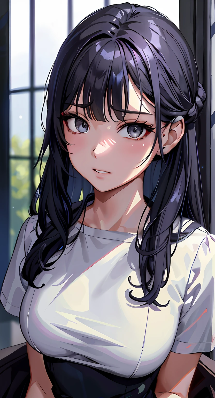 ((masterpiece)), (best quality), (detailed), (1girl), blue hair, blue eyes, updo, white shirt, black dress, looking down on the audience