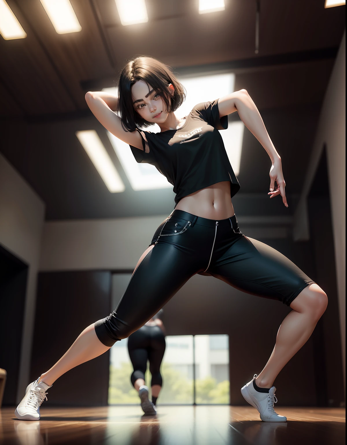 ​masterpiece、top-quality、1girl in、age19, a black T-shirt, Jaguar Pants, Bob Hair, In a stylish white dance studio, Smile, Blurry background