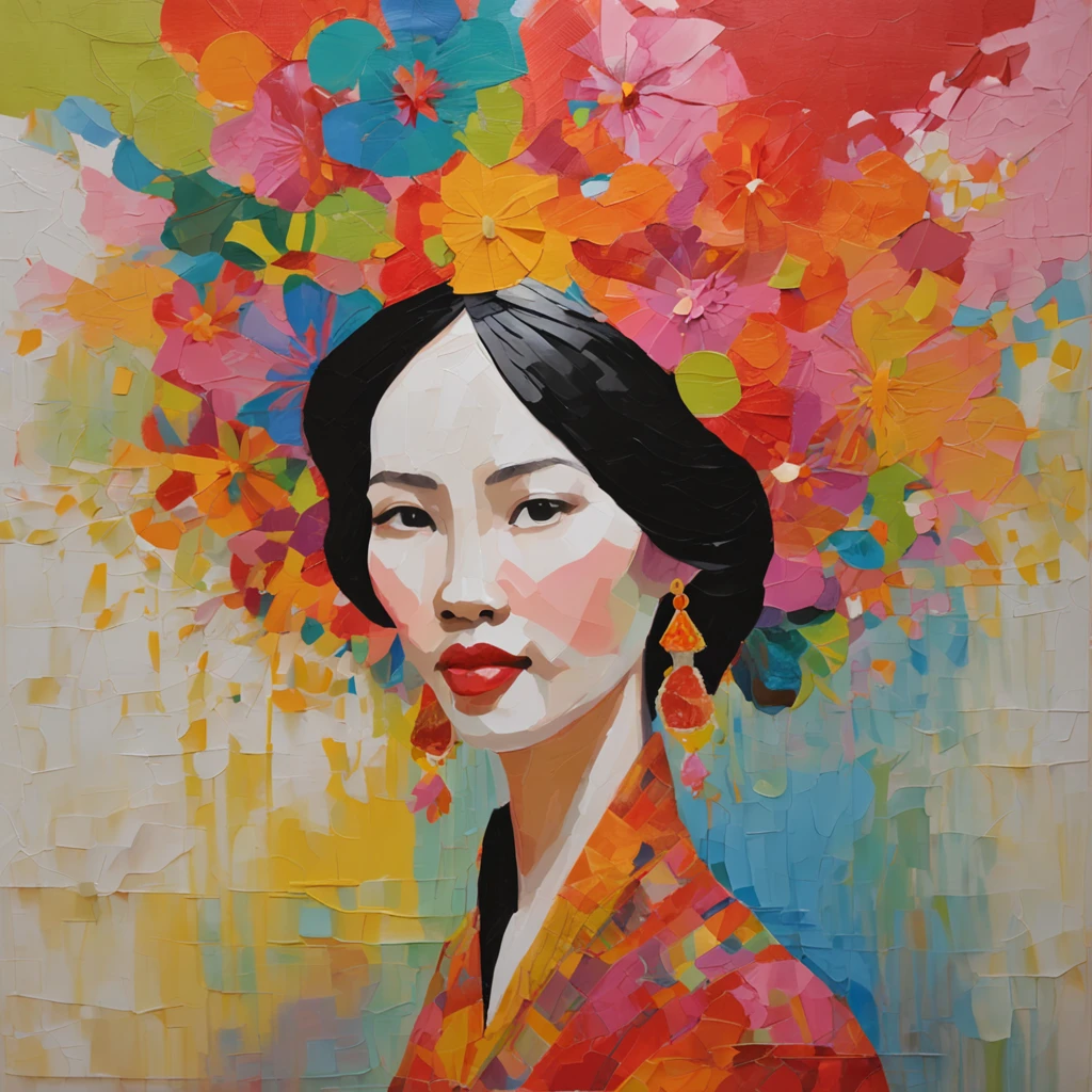 (FULL BODYSHOT:1.4), colorfull background, (1 vietnamese young girl, aodai, nhat binh, nhat binh dress, Halo, Exquisite headdress, Smile), (paper art, Quilted Paper Art, Geometry), highly colorful