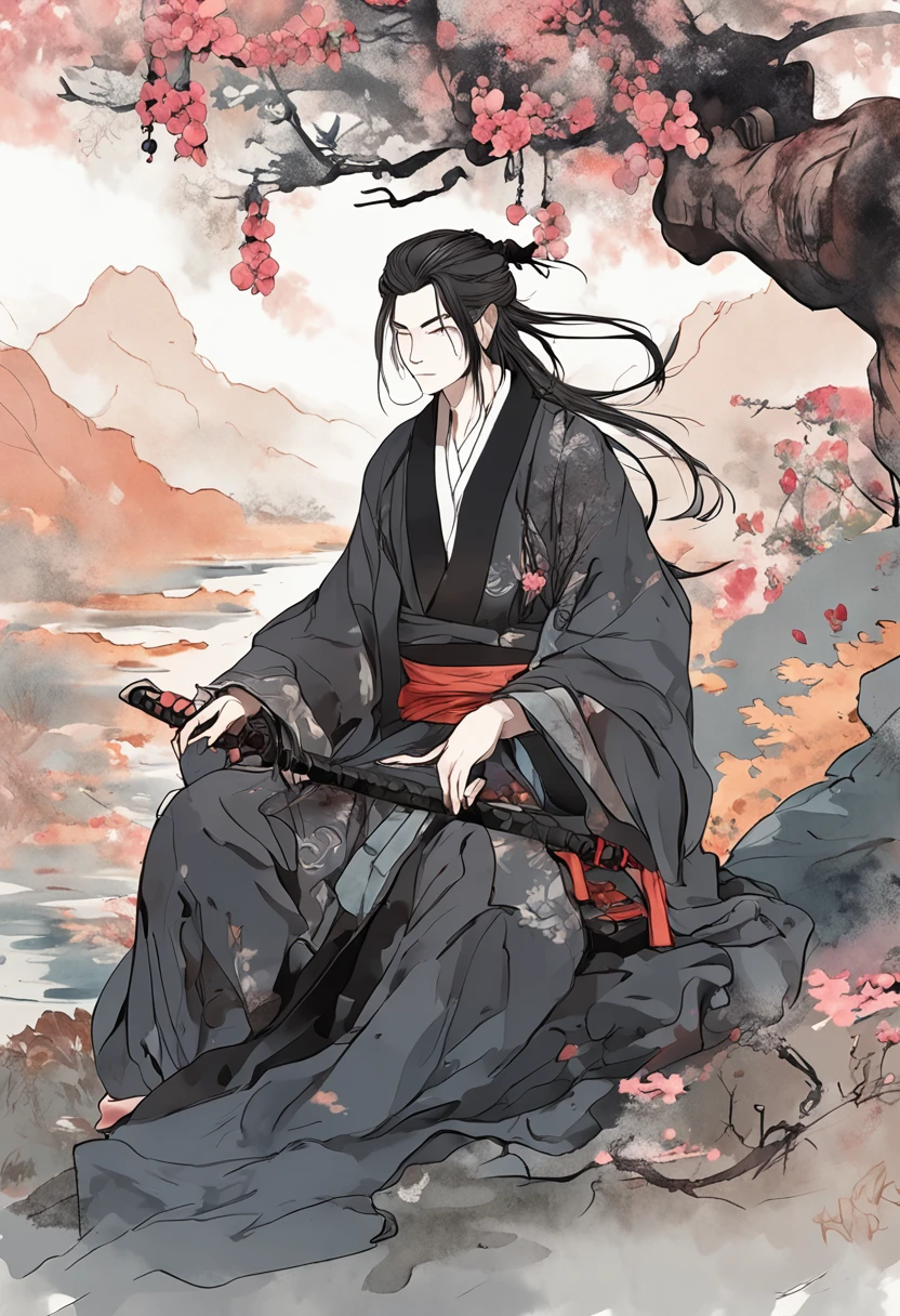 anime big breast, A man with long hair and black clothes sitting on a flower, flowing hair and long robes,Headband and hair ornaments on the head，Take a sword, Beautiful androgynous prince,Antique Chinese style，Ink and watercolor texture，Two-dimensional anime，Beautiful scenery background