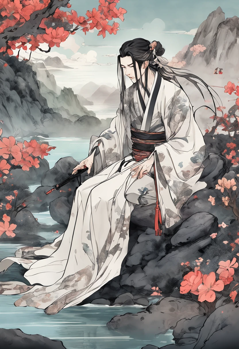 anime big breast, A man with long hair and black clothes sitting on a flower, flowing hair and long robes,Headband and hair ornaments on the head,Take a sword, Beautiful androgynous prince,Antique Chinese style,Ink and watercolor texture,Two-dimensional anime,Beautiful scenery background
