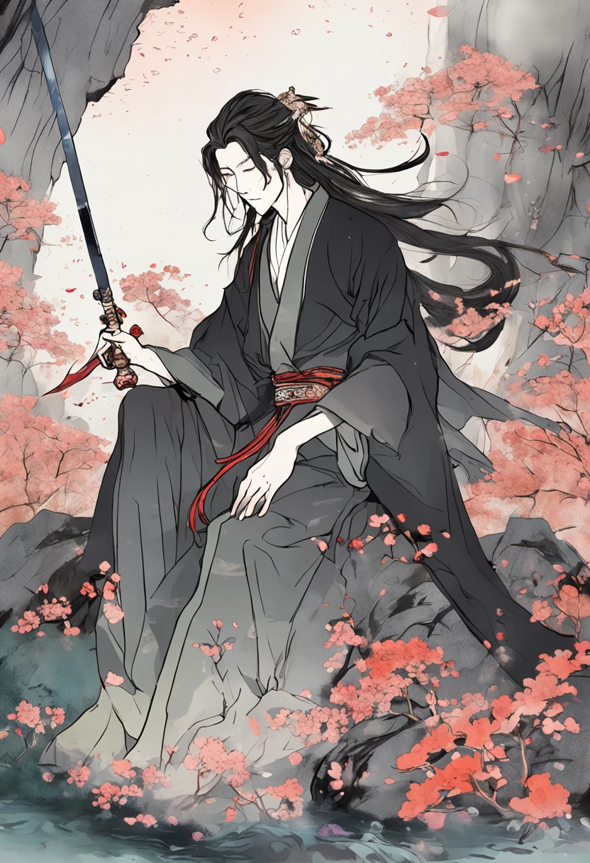 anime big breast, A man with long hair and black clothes sitting on a flower, flowing hair and long robes,Headband and hair ornaments on the head,Take a sword, Beautiful androgynous prince,Antique Chinese style,Ink and watercolor texture,Two-dimensional anime,Beautiful scenery background