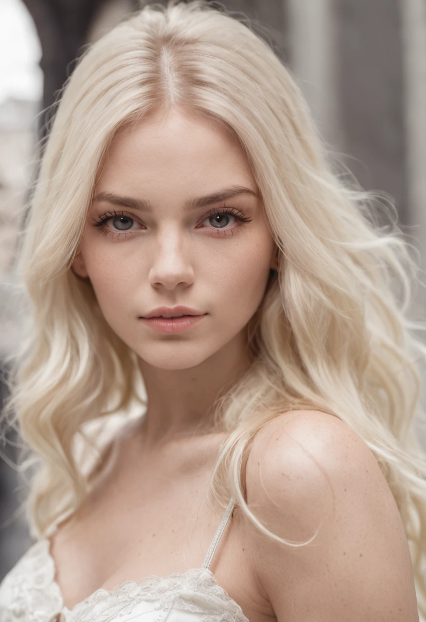 "Jeune femme blonde aux cheveux blancs, Detailed model, face detailed, brumeux, 35mm, f/2.8, 4k, Urban background, volumeric lighting, photographie artistique."