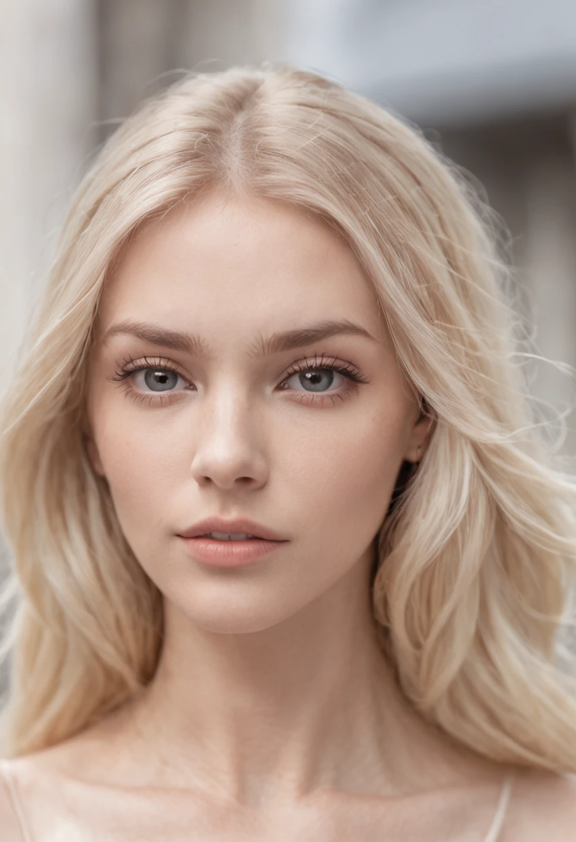 "Jeune femme blonde aux cheveux blancs, Detailed model, face detailed, brumeux, 35mm, f/2.8, 4k, Urban background, volumeric lighting, photographie artistique."