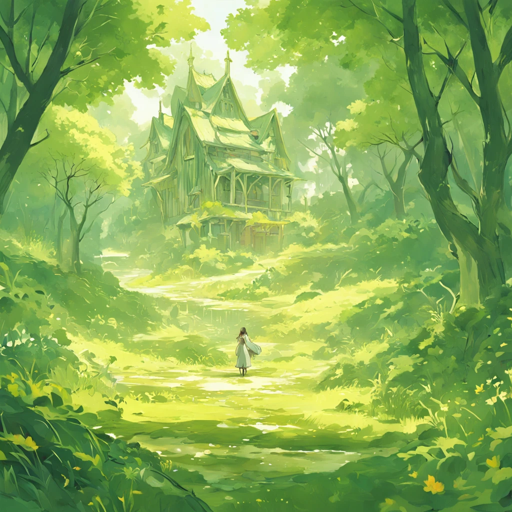 A painting shows a yellow-green field,Red tile house,A river runs through it,Idyllic setting,White and green,big breasts enchanting,Accurate and meticulous,The organic flowing lines of Art Nouveau,(NOhumans)