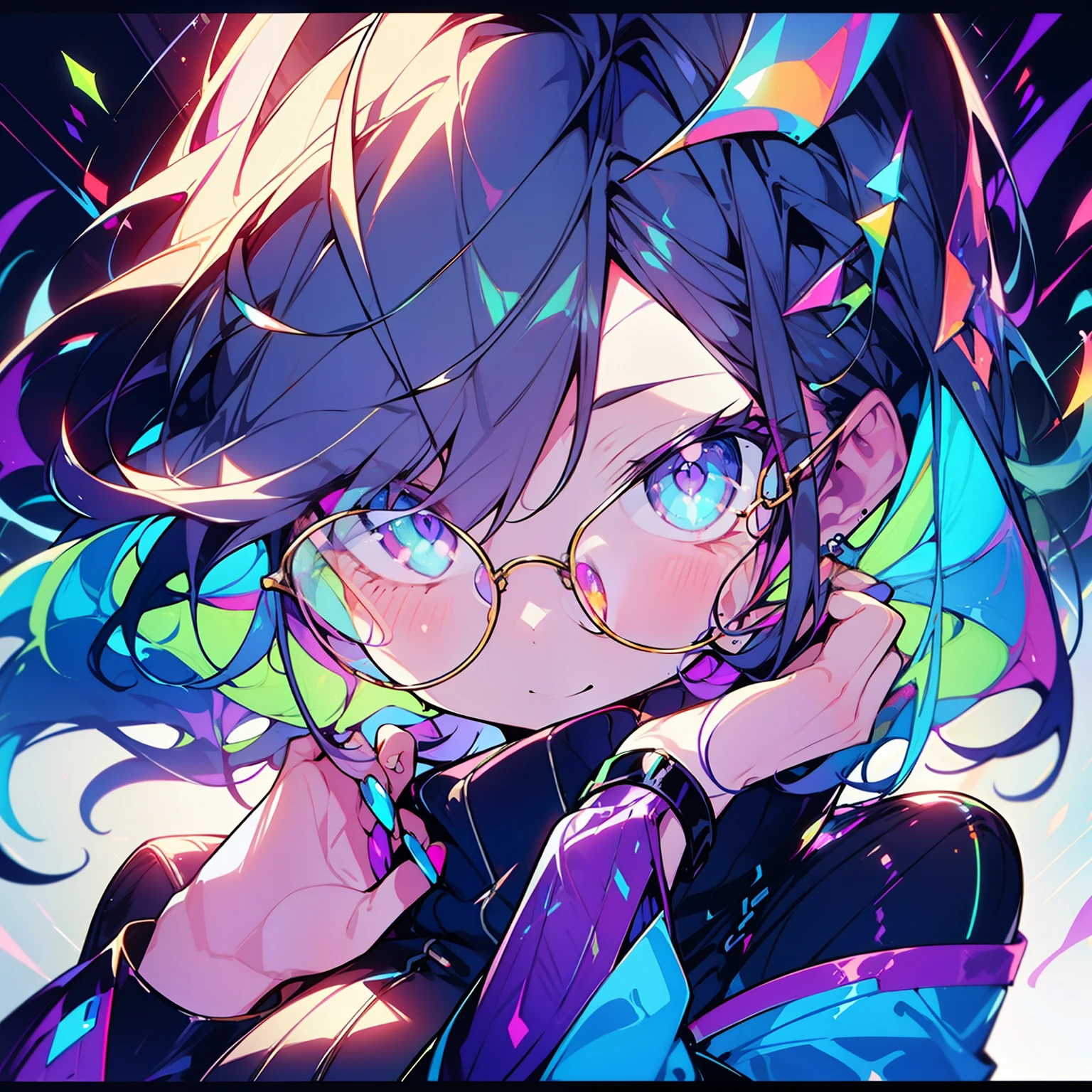 ORIGINAL CHARACTER, ABSTRACT, COLORFUL, 1GIRL, SOLO, GLASSES, CYBERPUNK, MASTERPIECE,best quality, extremely detailed face, perfect lighting, nice hands, perfect hands, DETAILED EYES, SUPER DETAILED EYES, COLORFUL EYES, BANDAGE IN NOSE, VERY COLORFUL EYES, ELF EARS, JELLYFISH HAIR, FACE ZOOM, FACE FOCUS, GALAXY, VERY ABSTRACT, OCEAN, GALAXY OCEAN, POTRAIT, VERY LONG EYELASHES, COLORFUL EYELASHES, LOOKING TO THE SIDE, SIDE VIEW, 5 FINGERS, SHORT HAIR, PURPLE GLASSES, HEART SHAPED GLASSES, ADORABLE, PURPLE LENS GLASSES, PERFECT HANDS