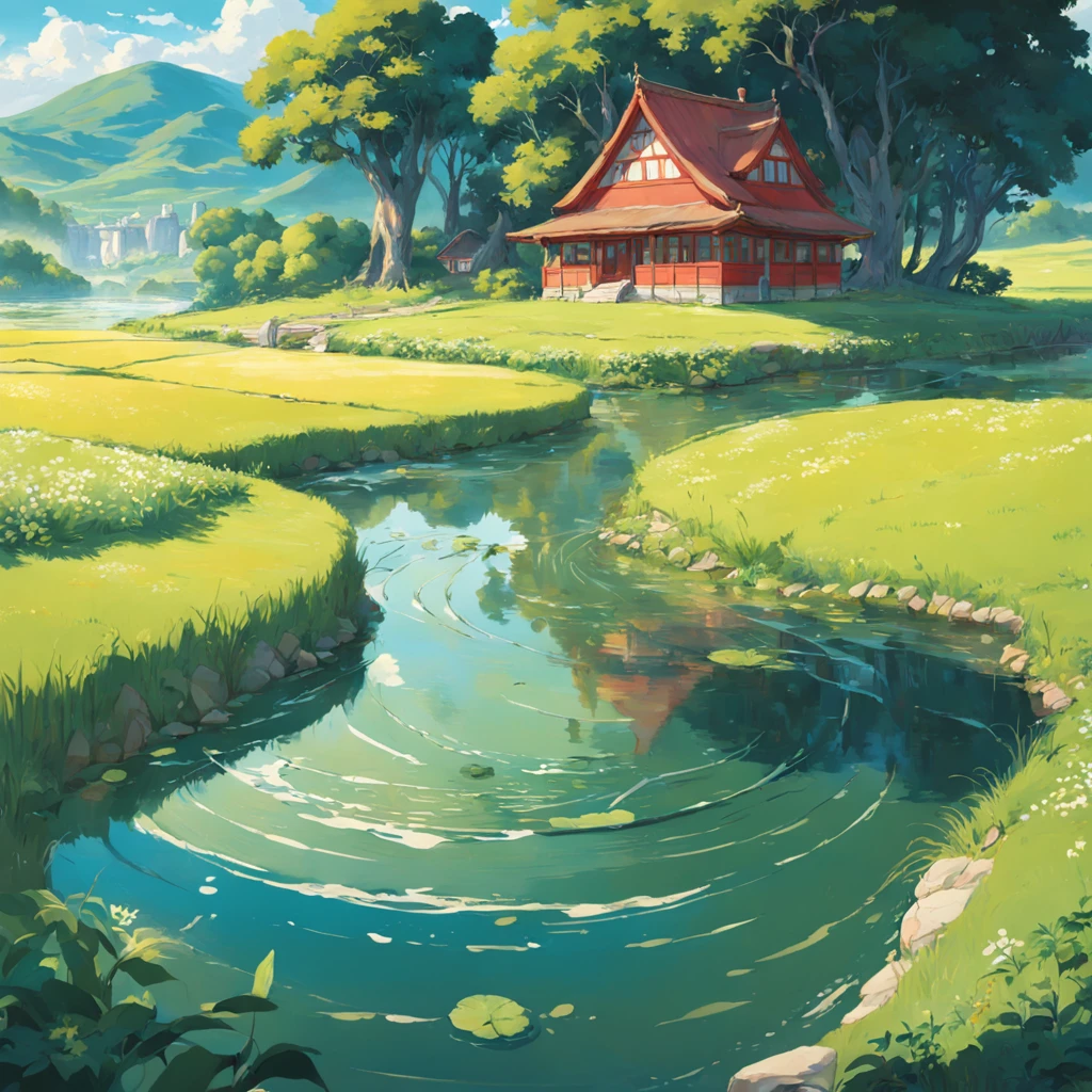 A painting shows a yellow-green field，Red tile house，A river runs through it，Idyllic setting，White and green，big breasts enchanting，Accurate and meticulous，The organic flowing lines of Art Nouveau，（NOhumans)