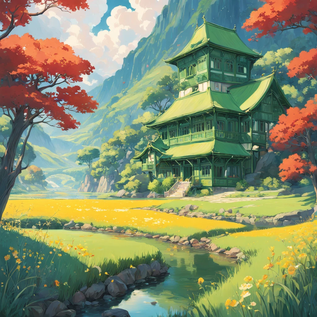 A painting shows a yellow-green field,Red tile house,A river runs through it,Idyllic setting,White and green,big breasts enchanting,Accurate and meticulous,The organic flowing lines of Art Nouveau,(NOhumans)