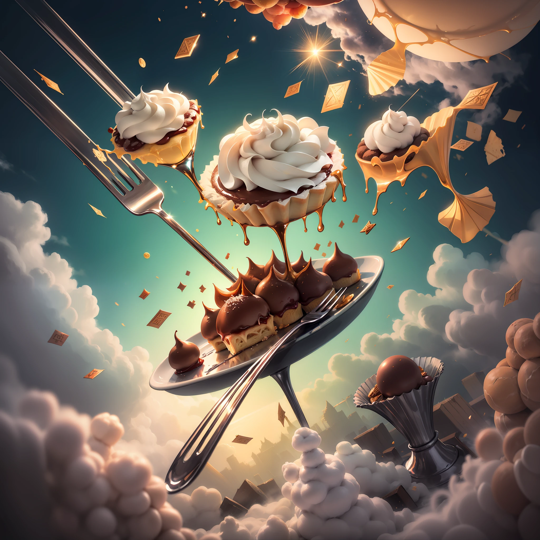 Lots of desserts,Metal Visualizer,Gorgeous background,Gorgeous cutlery,Flying in the sky