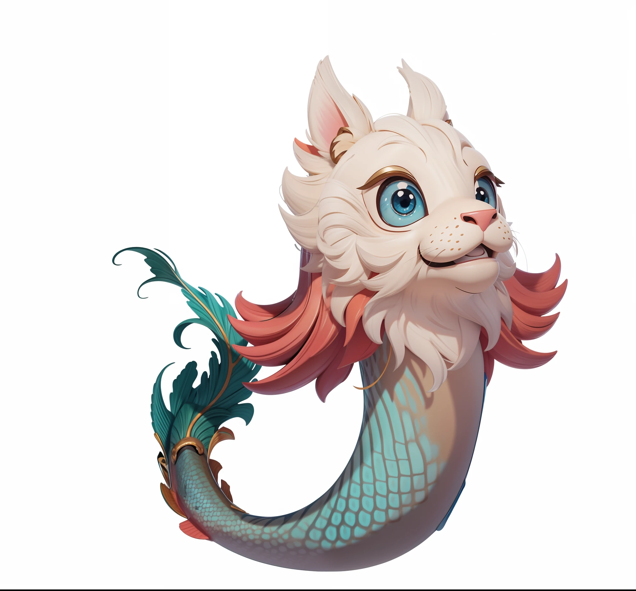 A fish with a lion's head,with smile,Fish length,skiny,Lovely head,lovely digital painting,cute 3 d render,adorable digital art,Cute detailed digital art,in the style of Disney animation,digitally drawn,Portrait of a cartoon animal,Realistic cartoons,adolable!C4D,Animated Movies,Professional vector, High detail, scribbles, vibrant,white backgrounid,