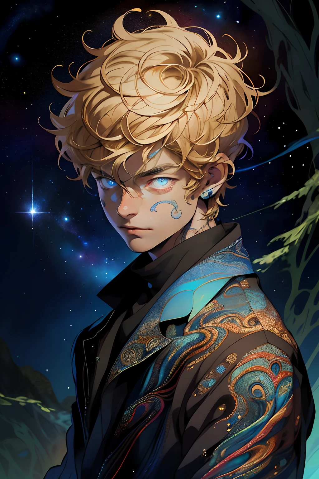 Realistic, (Masterpiece, Top Quality, Best Quality, Official Art, Beauty and Aesthetics: 1.2), Very Detailed, Fractal Art, Colorful, Most Detailed, Zentangle, (Abstract Background: 1.5) (1boy: 1.3), God, Blonde Hair, Short Hair, (Glowing Blue Eyes), Mysterious, (Magic), Starry Sky, Handsome Man