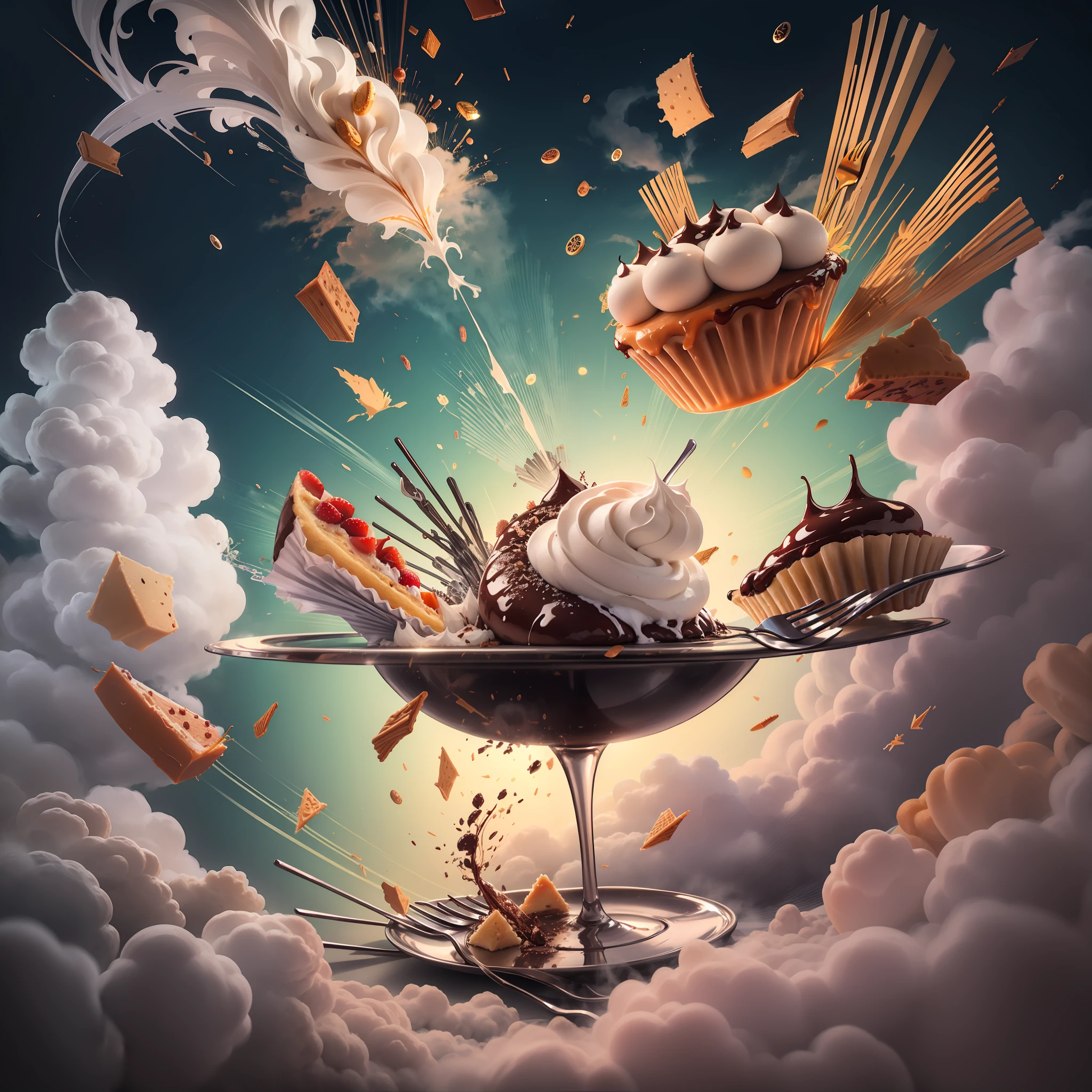 Lots of desserts,Metal Visualizer,Gorgeous background,Gorgeous cutlery,Flying in the sky