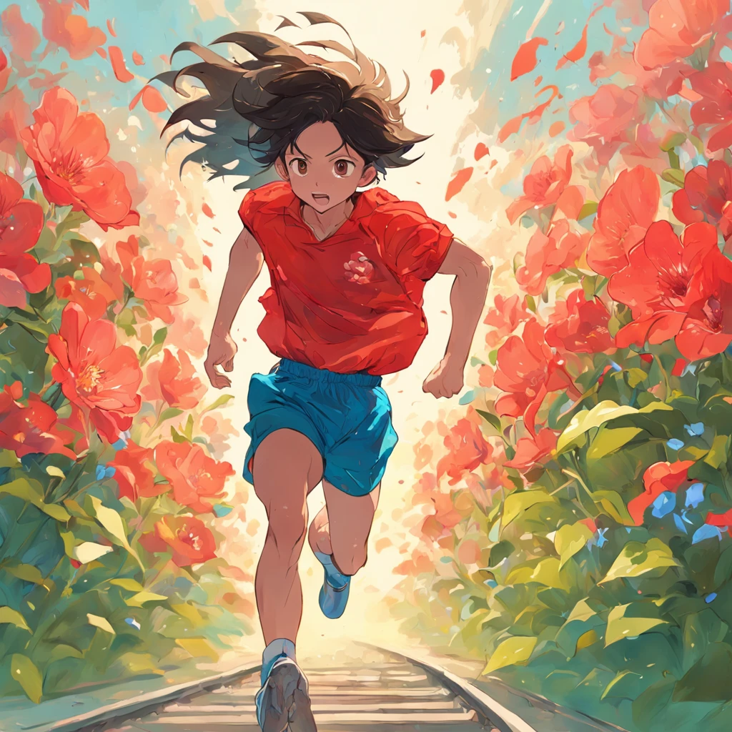 "Athlete wearing red shorts and a blue shirt running on a track and field, surrounded by blooming flowers. The artwork has an oil painting style with a vibrant green background."
