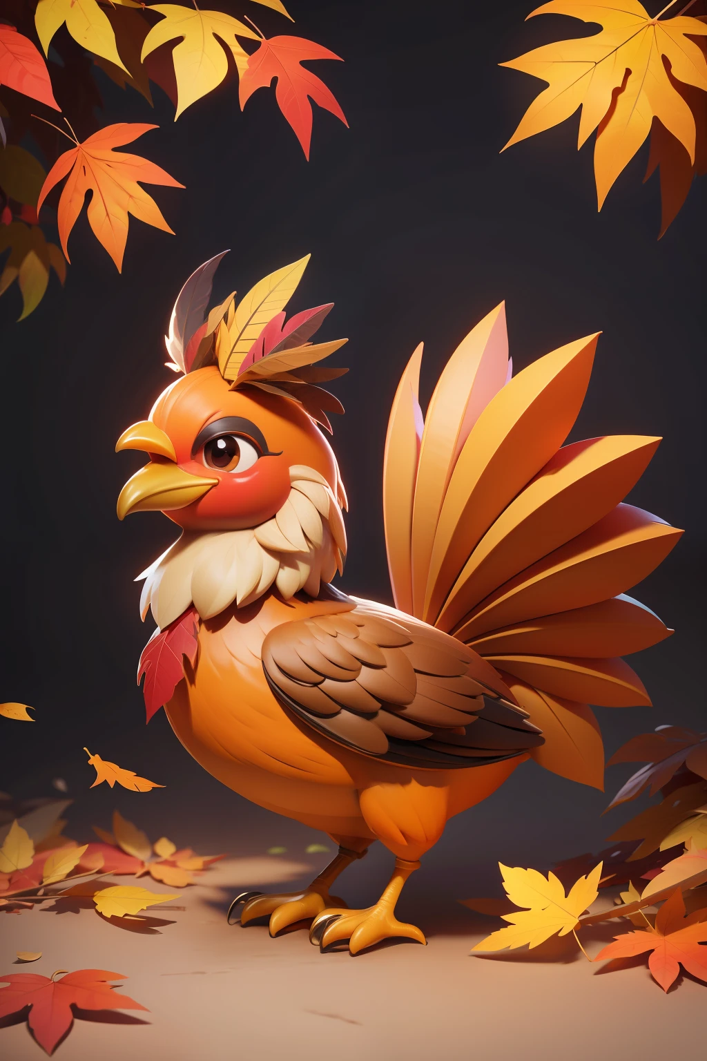 3D illustrations, cute front cover with cute cartoon happy colorful turkey with big turkey feathers, luxurious tail feathers, autumn colorful leaves