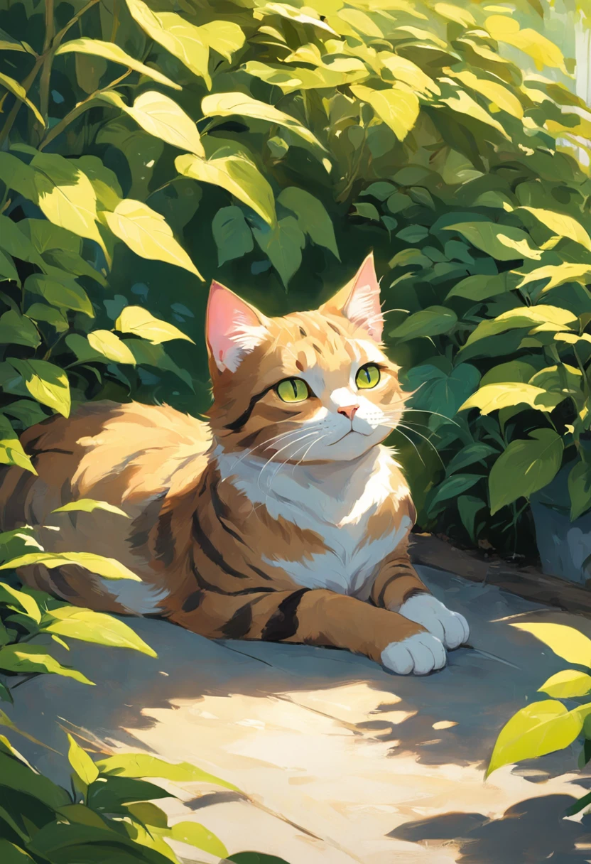 Create a captivating painting of a Tabby cat with green-yellow eyes, lying in a comfortable box with its head playfully poking out. The cat should have a lazy and content expression, capturing its relaxed demeanor. Set the scene in a sunny garden with dappled sunlight filtering through the leaves. Highlight the interplay of light and shadow on the cat's fur and surroundings, infusing the scene with warmth and tranquility. The vibrant colors of the flowers and foliage should complement the cat's coat. Pay attention to intricate details such as the texture of the fur and the curious glint in the cat's eyes. The overall composition should evoke a sense of leisure and serenity, celebrating the simple joy of a cat enjoying a sun-soaked day in the sunny garden