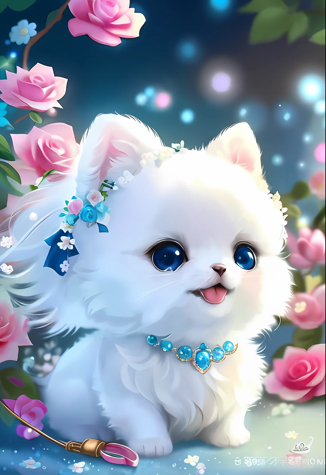 There is a white dog with blue eyes and a flower crown, Cute detailed digital art, adorable digital art, lovely digital painting, kawaii cute dog, very beautiful cute catgirl, dream animal cute eyes, cute detailed artwork, anime visual of a cute cat, Cute dog, Cute anime, cute animal, cute artwork, Beautiful and cute, Cute and lovely, Kawaii cat