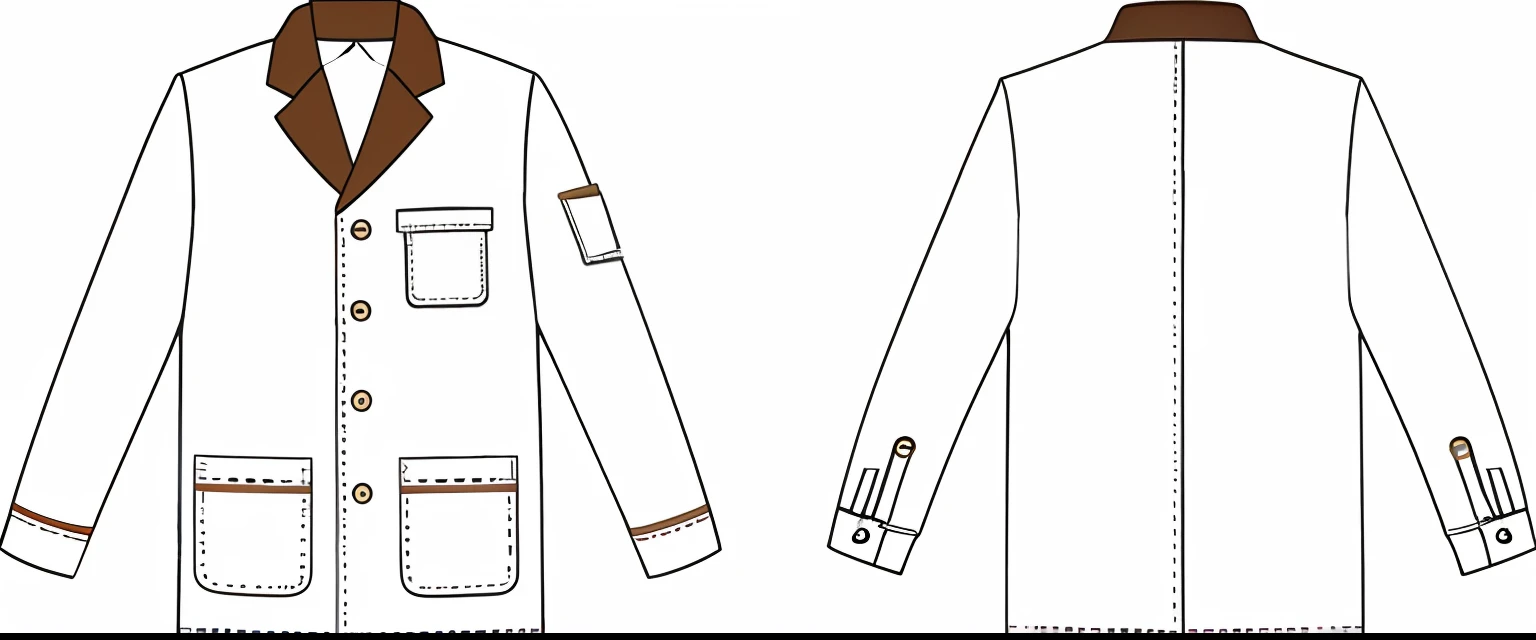 Drawing of a white coat with brown decoration and buttons, labcoat, labcoat, labcoat, labcoat, Coveralls, White sleeves, longer sleeves, top and side view, clean lineart and flat color, with two front pockets, Detached sleeves, With a lab coat, digitally drawn, uniform background, clothing design, wearing a lab coat,painterly style