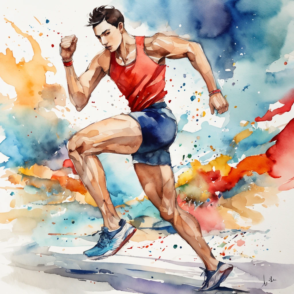 1man, socks, sneakers, red shorts, blue shirt, geometric multidimensional, art, beautiful, colorful, masterpieces, top quality, best quality, official art, beautiful and aesthetic, running, running track, track and field, bloom, track, race, asian, full body.