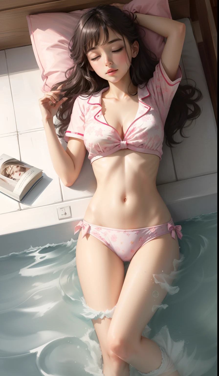 Sleeping girl,realisticlying,high qulity,She was wearing short pajama pants,Pink pajamas,showing belly,Soft light,Natural and authentic,pantiess,Bigchest,underdressing,brassier,Split legs,swimming uniform