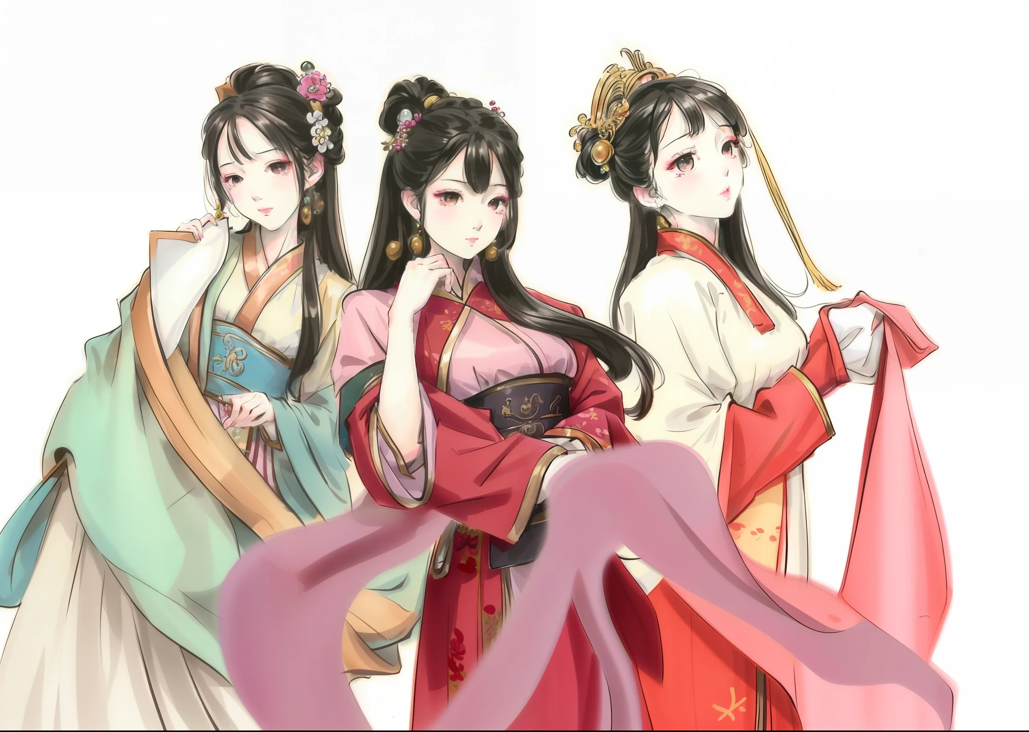 Three Asian girls in traditional dress stand together, Wearing ancient Chinese clothes, chibi anime, Palace , Girl in Hanfu, official fanart, Princesa chinesa antiga, ancient chinese beauti, anime chibi, Chibi Art, ancient asian dynasty princess, High-quality fanart, with acient chinese clothes, China Princess, :14 80s anime style, Traditional Chinese clothing,Four beauties,Tang suit,Hand drawn beauty,Femme and moving,Raised sexy,Enchanting,seductiv,Seductive expressions