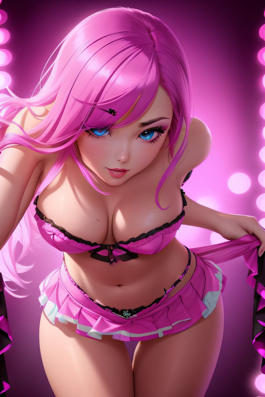 American burlesque dancer、Sexy and colorful、Adult atmosphere、provocation、shockingpink、((a miniskirt))、frilld、unparalleled masterpiece ever, super realistic 8K , erfect artwork、((A detailed face、face perfect、perfect eyes、high-detail))、