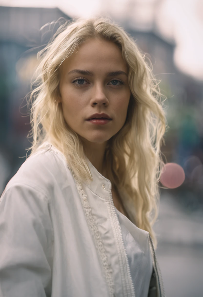 "Jeune femme blonde aux cheveux blancs, Detailed model, face detailed, brumeux, 35mm, f/2.8, 4k, Urban background, volumeric lighting, photographie artistique."