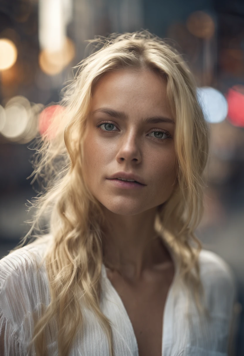 "Jeune femme blonde aux cheveux blancs, Detailed model, face detailed, brumeux, 35mm, f/2.8, 4k, Urban background, volumeric lighting, photographie artistique."