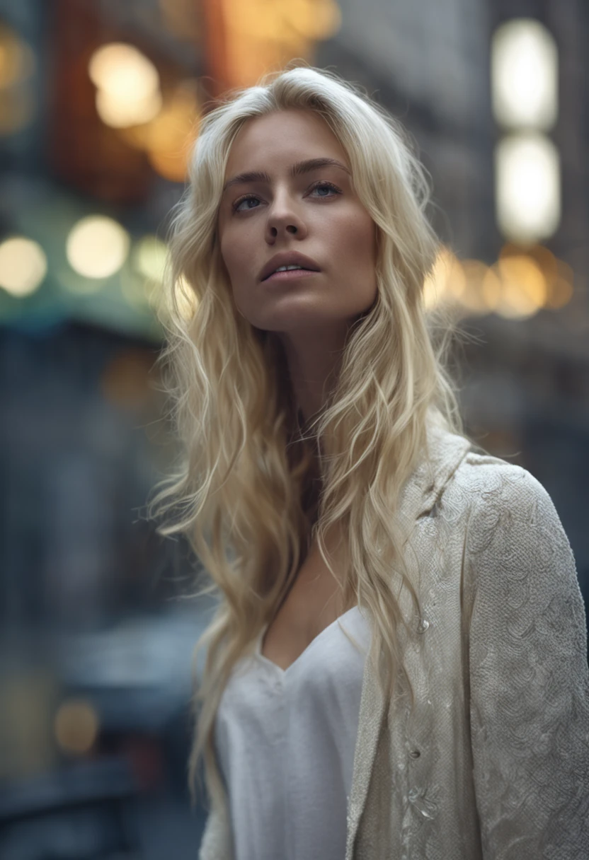"Jeune femme blonde aux cheveux blancs, Detailed model, face detailed, brumeux, 35mm, f/2.8, 4k, Urban background, volumeric lighting, photographie artistique."