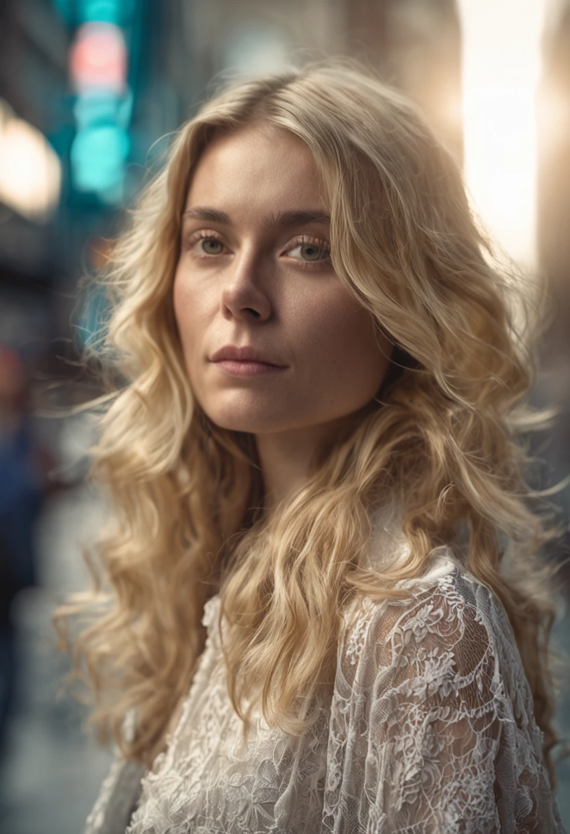 "Jeune femme blonde aux cheveux blancs, Detailed model, face detailed, brumeux, 35mm, f/2.8, 4k, Urban background, volumeric lighting, photographie artistique."