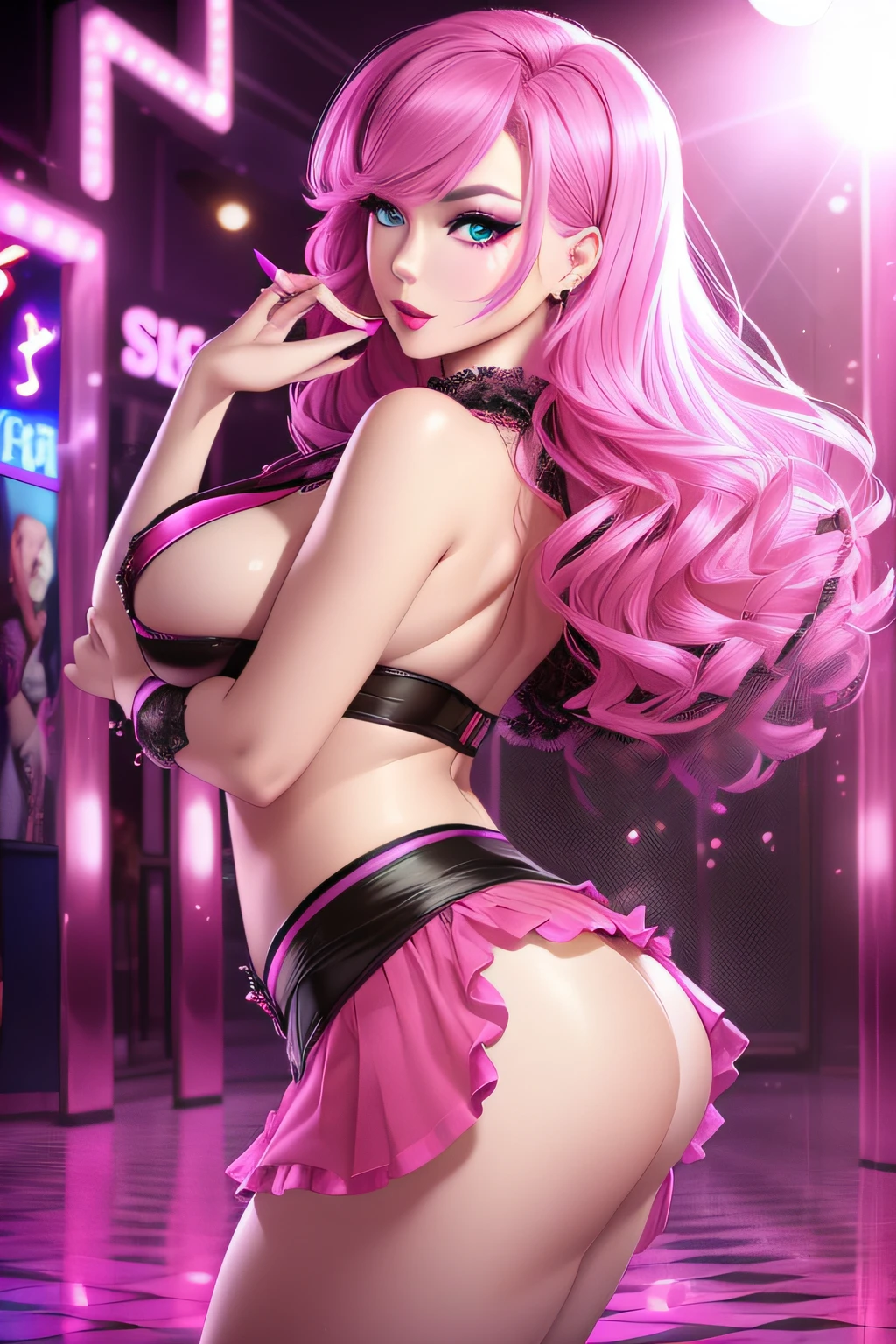 Burlesque dancer、Sexy and colorful、Adult atmosphere、((Provocation))、shockingpink、((a miniskirt))、frilld、unparalleled masterpiece ever, super realistic 8K , erfect artwork、((A detailed face、face perfect、perfect eyes、high-detail))、