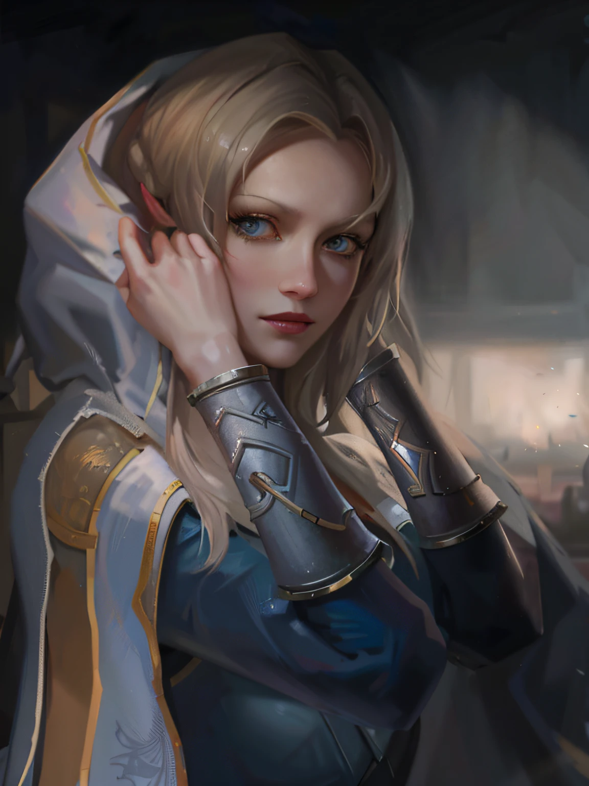 Close-up of a hooded woman holding a sword, Jaina Proudmoore, portrait of female paladin, portrait knight female, artgerm portrait, Portrait Chevaliers du Zodiaque Fille, portrait of a female mage, Alice X. zhang, Extremely detailed Artgerm, Art germ. High detail, aly fell and artgerm, Beautiful character painting