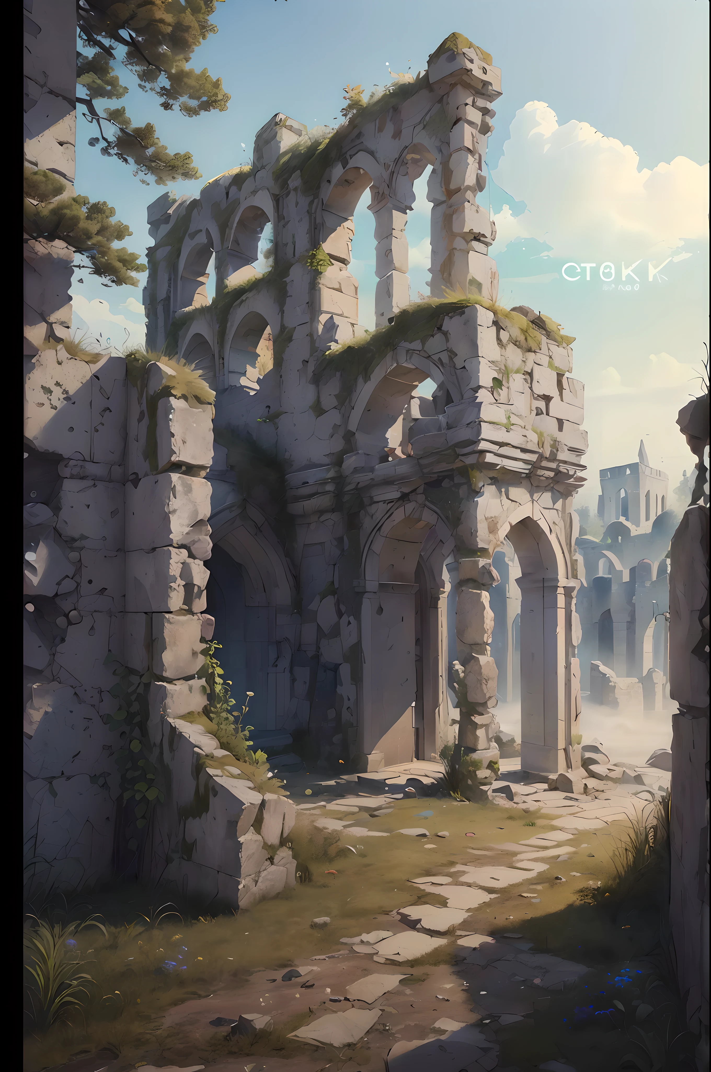 (((8K, RAW photo, Best quality, Masterpiece:1.4))), 超高分辨率, Ultra-detailed, illustration, Close-up, Astonot, Environment only,  Castle ruins made of stone, future, imagining, Outdoors, background only，the woods